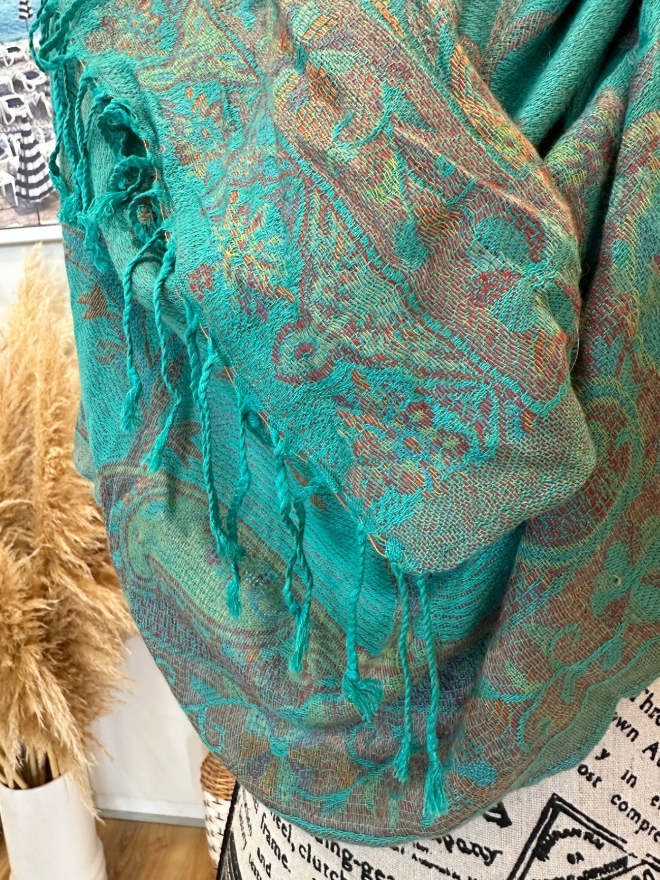 Vintage Pashhmina Teal with hints of gold and pink