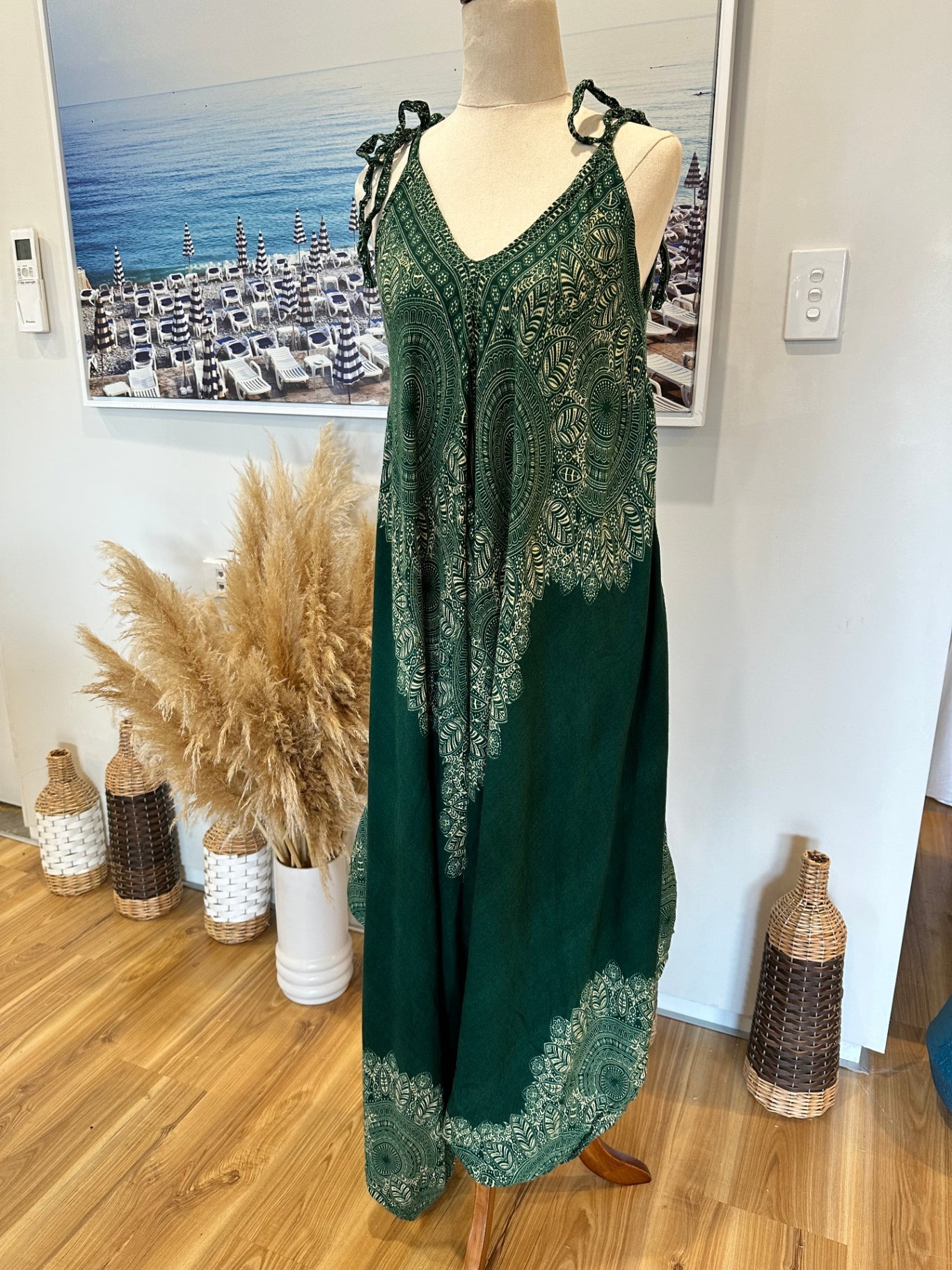 Boho Jumpsuit One Size Green and beige