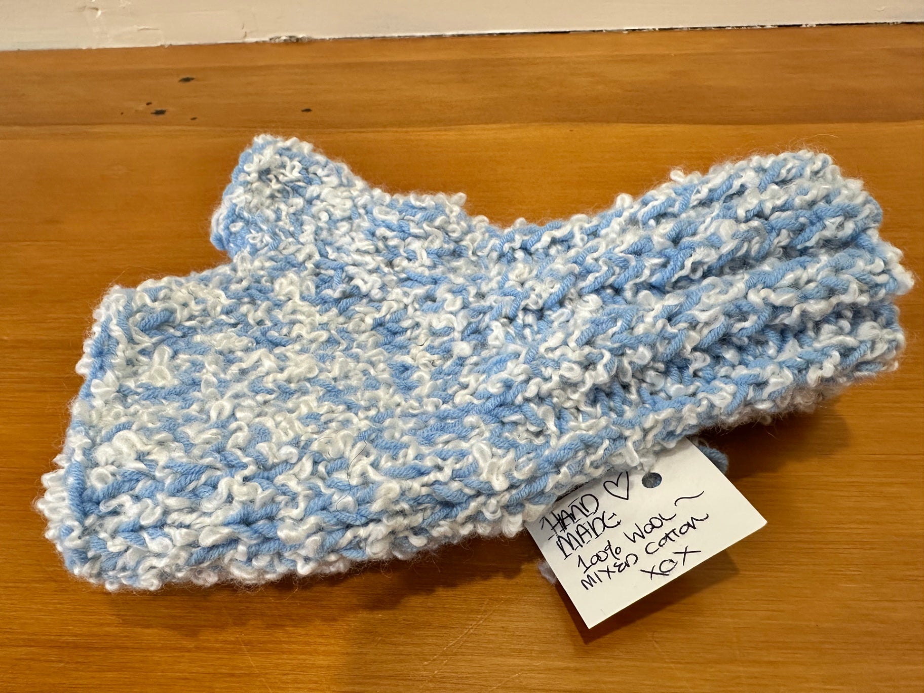 Handmade in New Brighton - Mittens - Pale Blue and White