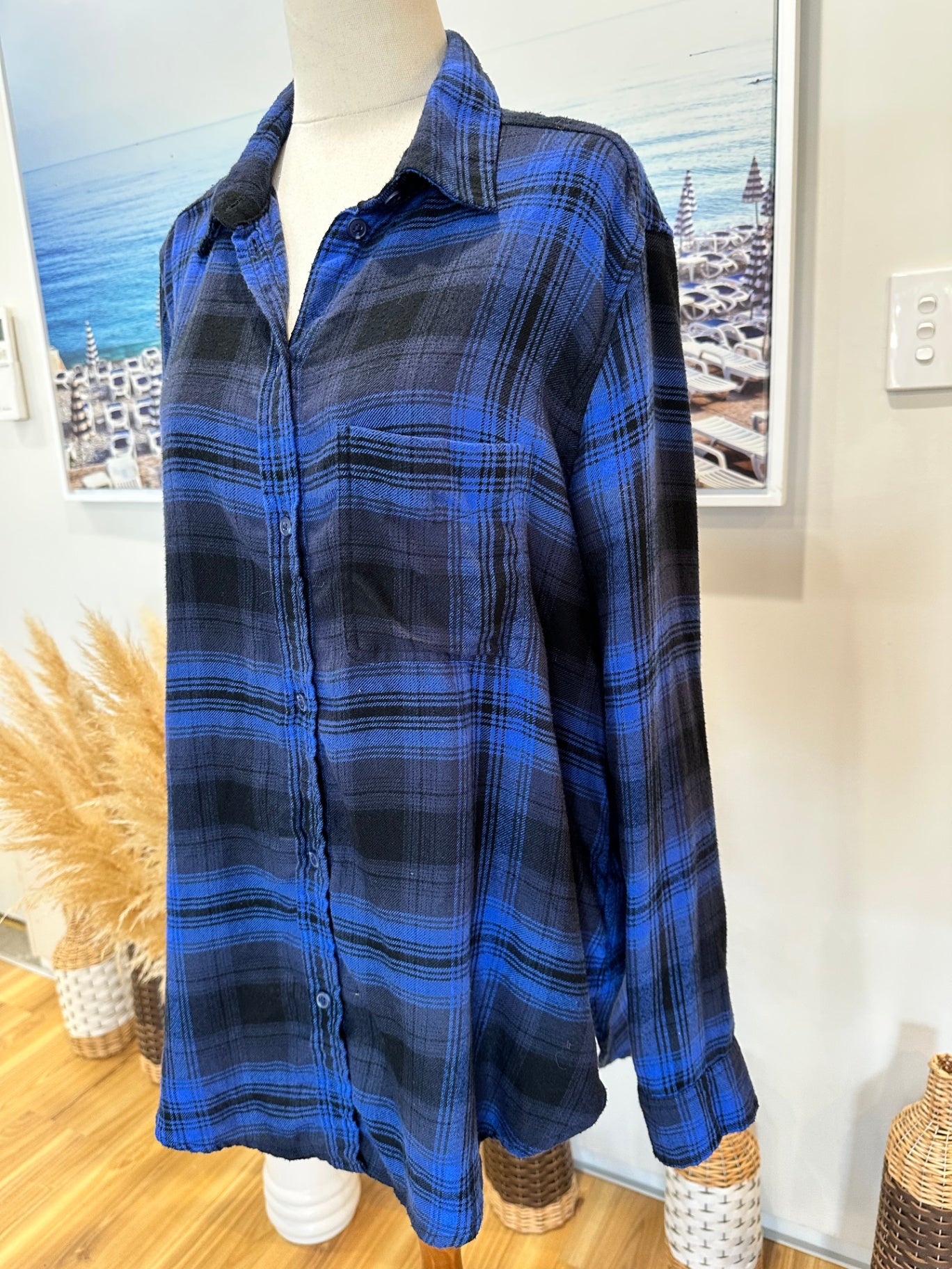 American Outfitters - Flannel Shirt - Medium Blue and black