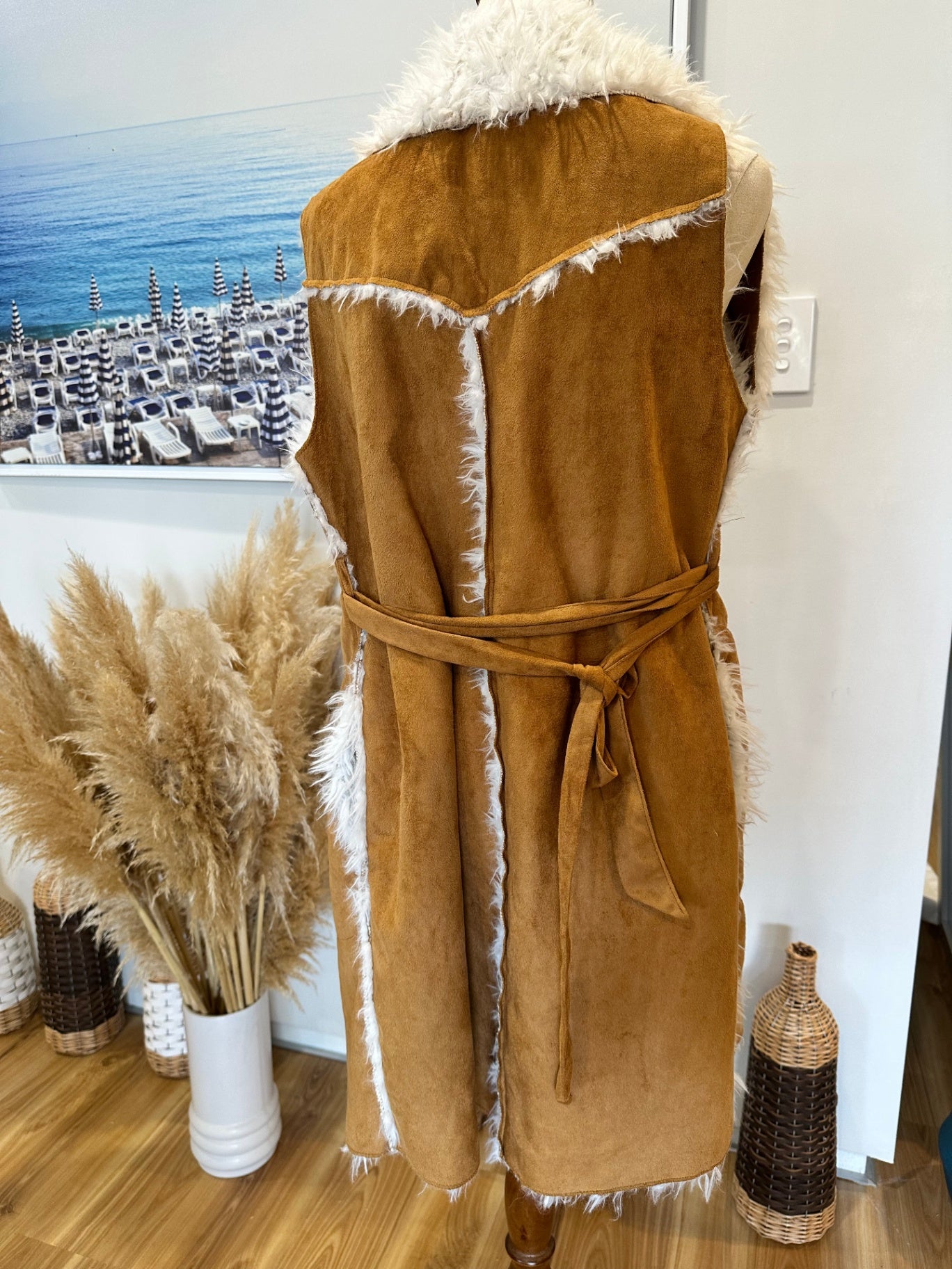 Some Days Lovin' - Sherpa Longline Vest - Small - Tan and White
