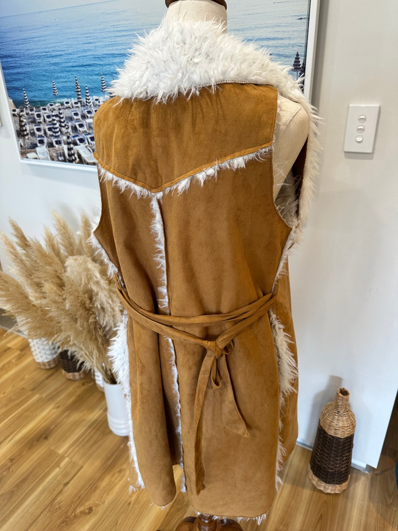 Some Days Lovin' - Sherpa Longline Vest - Small - Tan and White