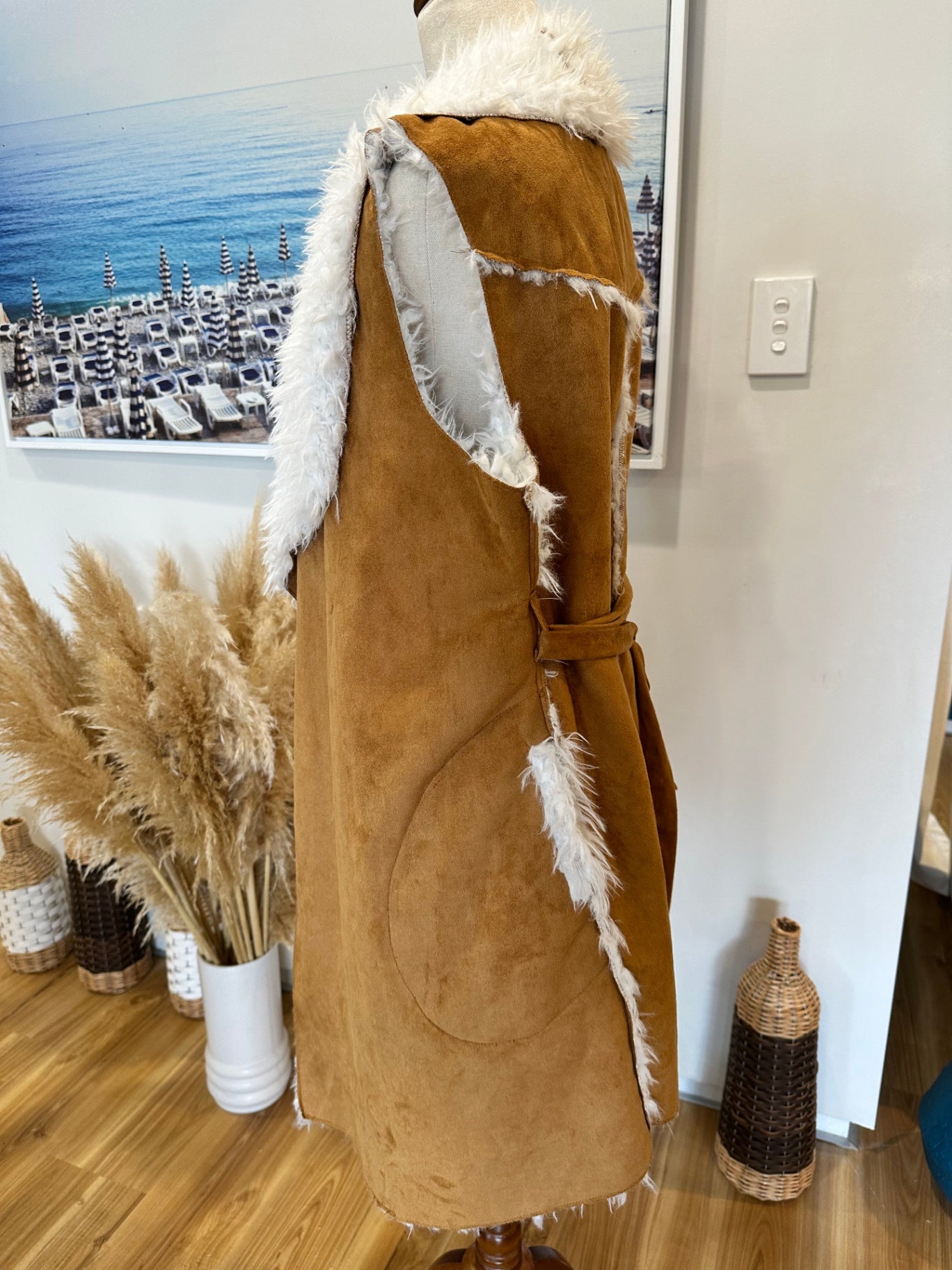 Some Days Lovin' - Sherpa Longline Vest - Small - Tan and White