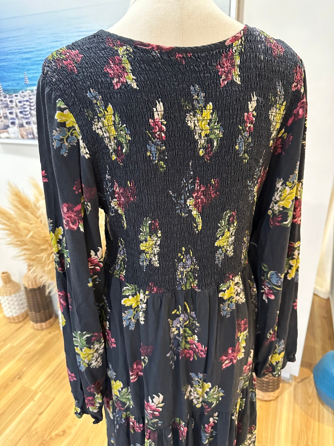 Bohemian Dress - Large - Black with floral pattern