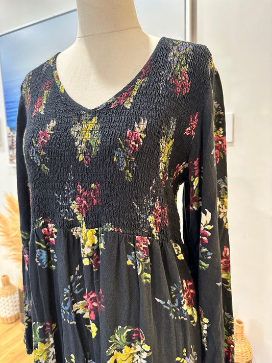 Bohemian Dress - Large - Black with floral pattern