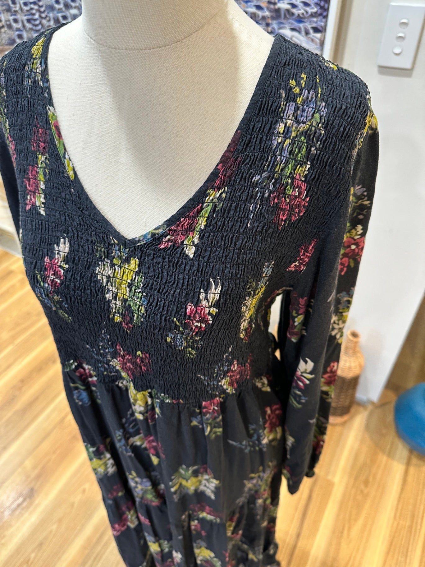 Bohemian Dress - Large - Black with floral pattern