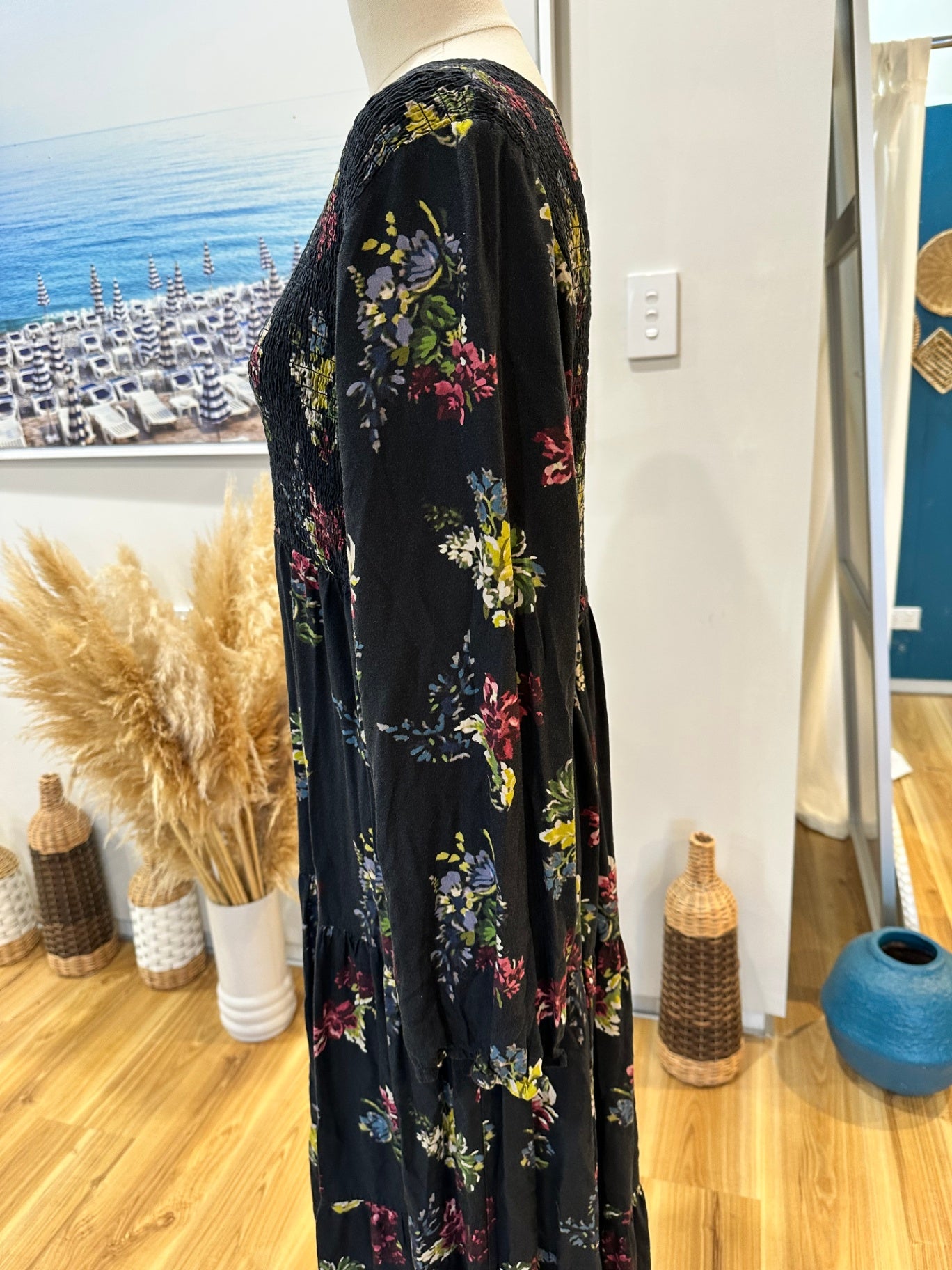 Bohemian Dress - Large - Black with floral pattern