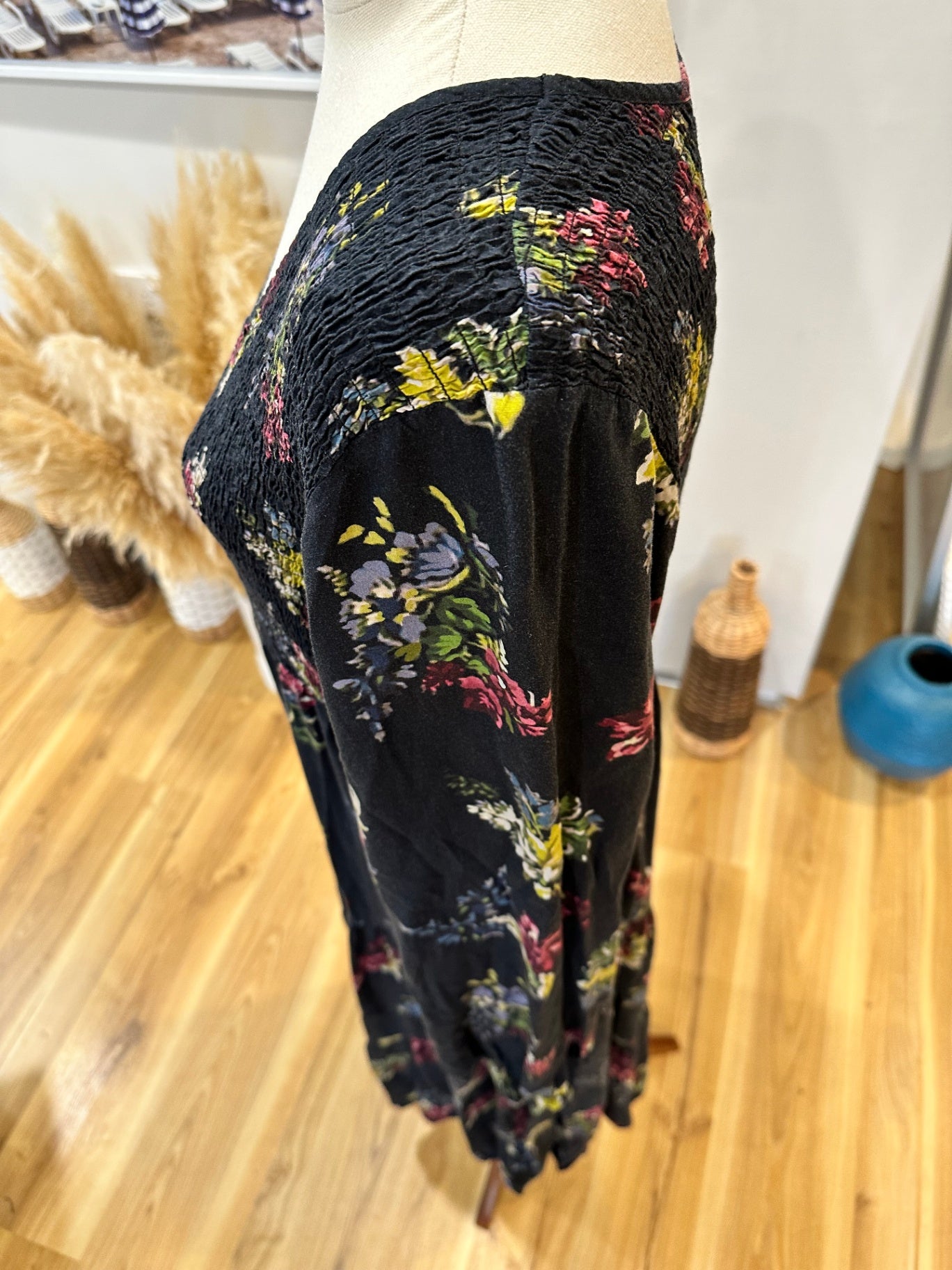 Bohemian Dress - Large - Black with floral pattern