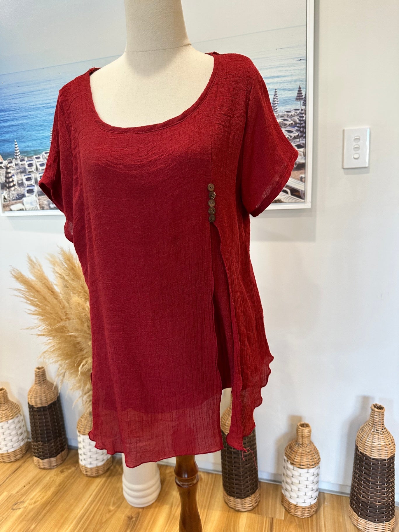 Blouse - Red - 50% Silk + 50% Cotton