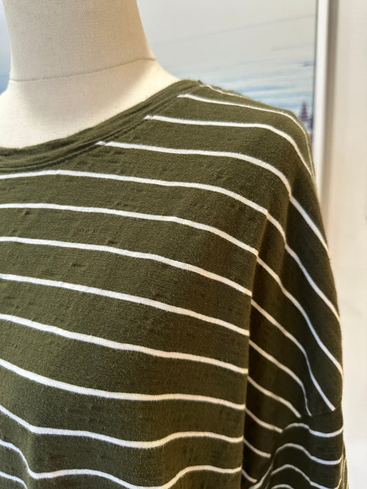 Elm Living - T-Shirt - Size 8 - Olive Green with White Stripes
