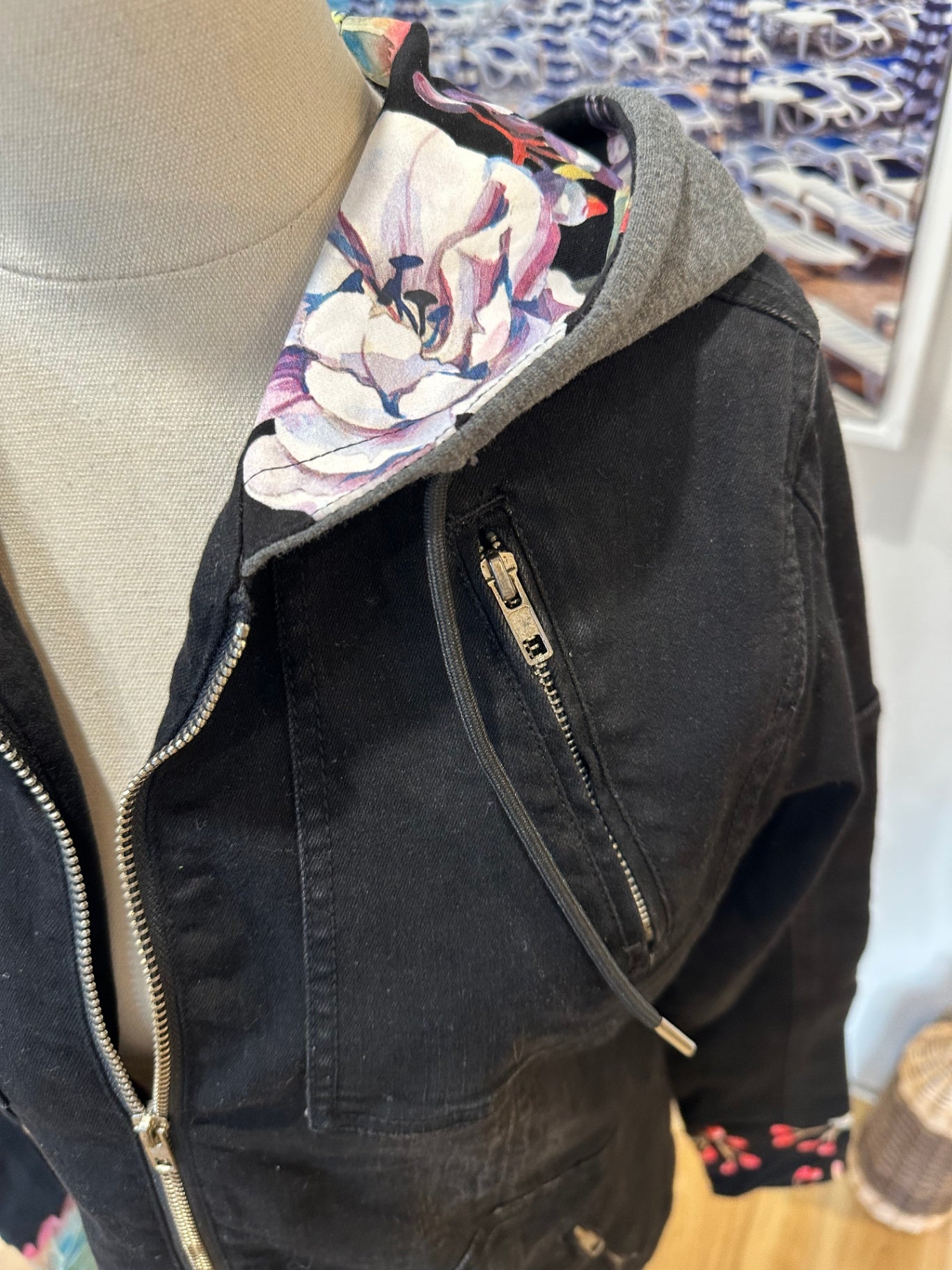ETC - Denim Jacket - Size Small - Black w floral feature