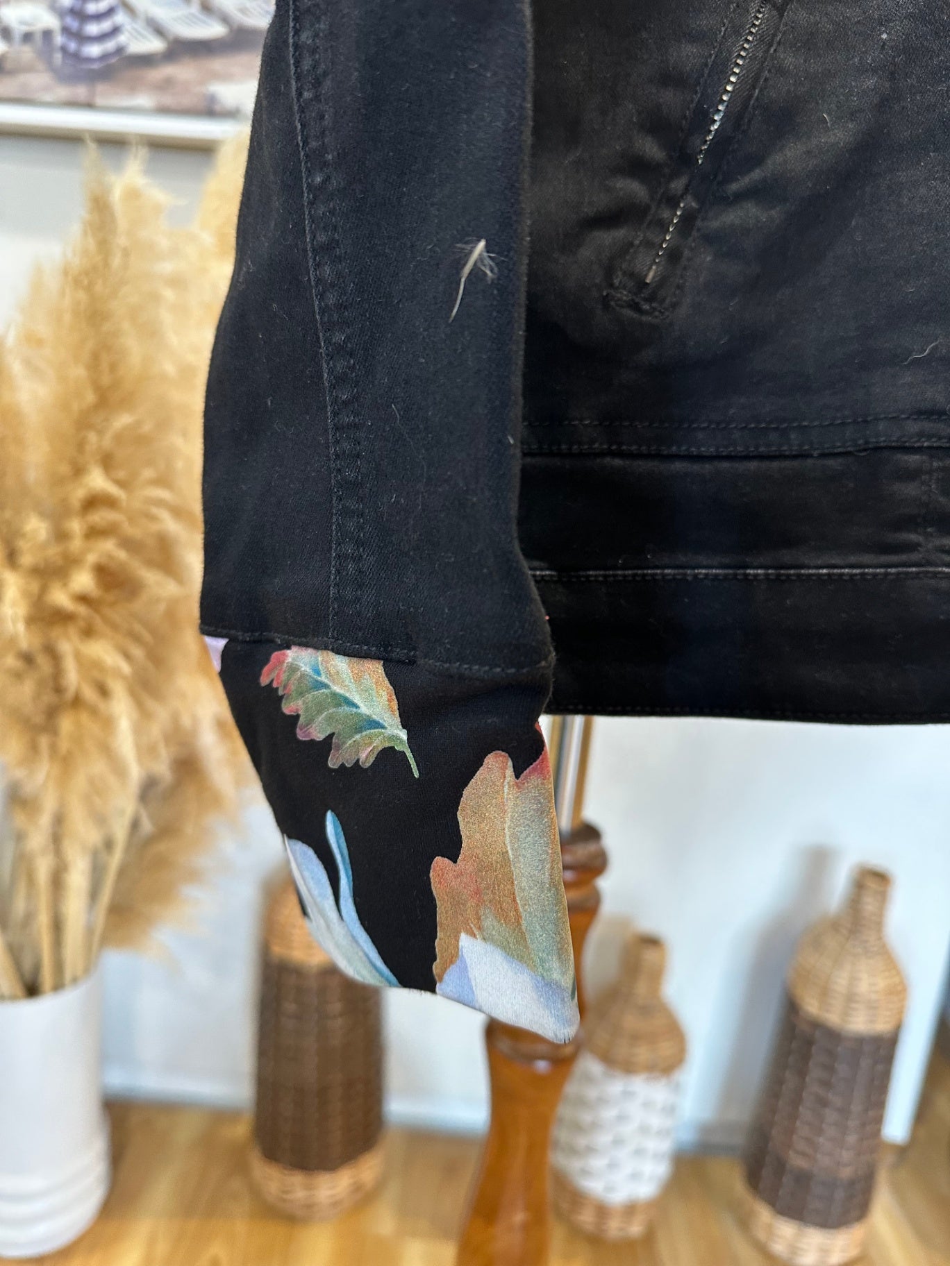ETC - Denim Jacket - Size Small - Black w floral feature