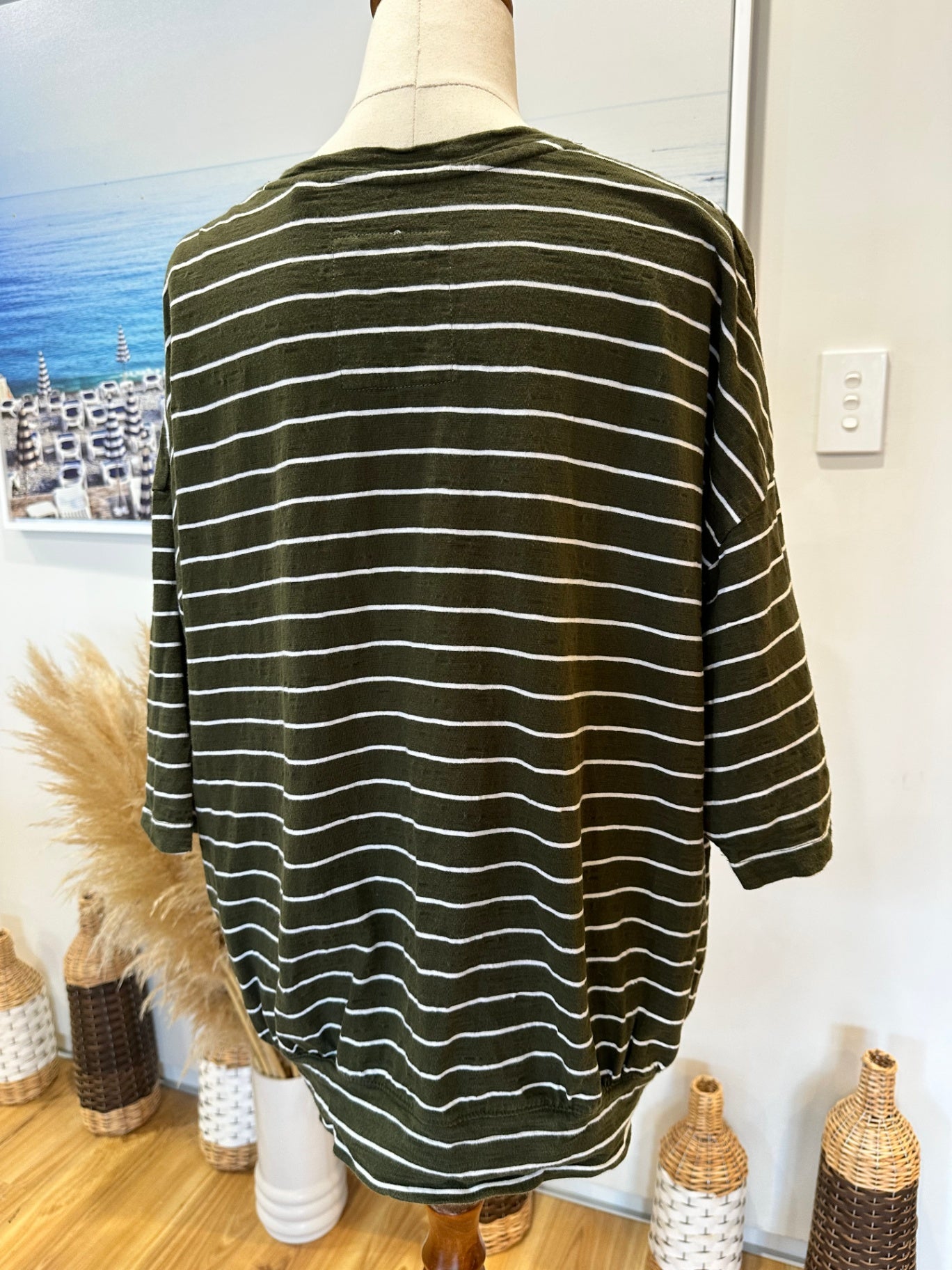 Elm Living - T-Shirt - Size 8 - Olive Green with White Stripes