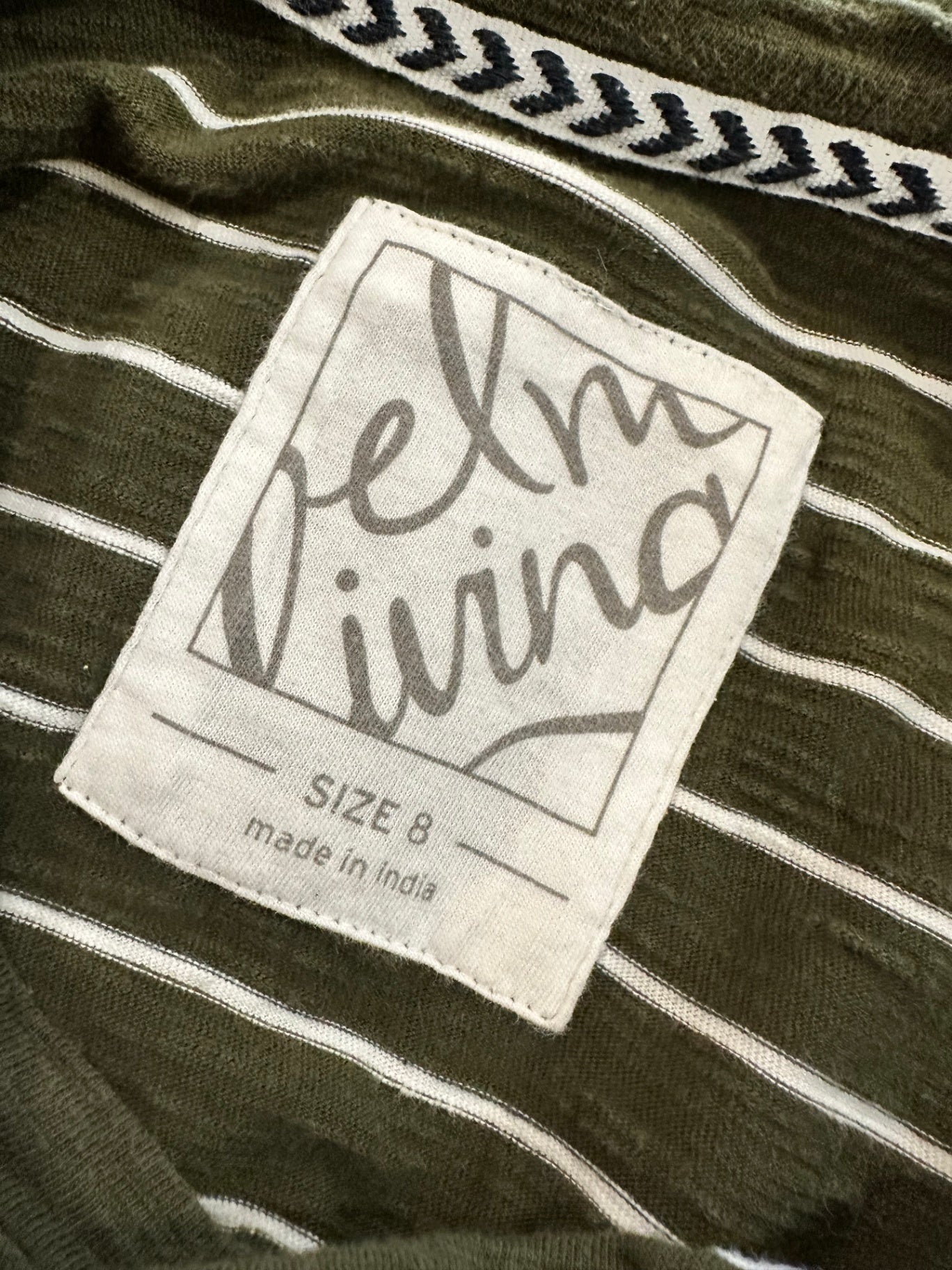 Elm Living - T-Shirt - Size 8 - Olive Green with White Stripes