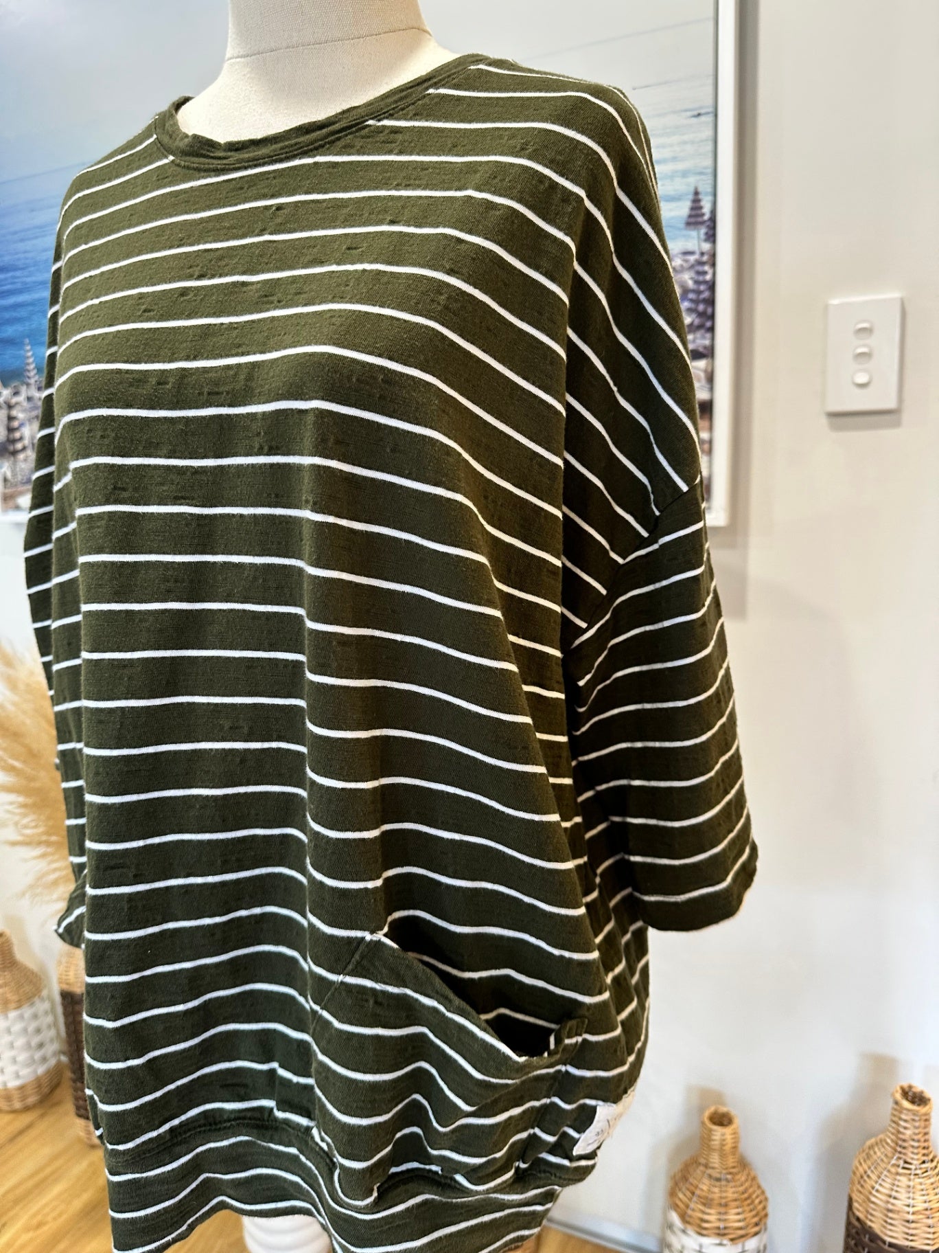 Elm Living - T-Shirt - Size 8 - Olive Green with White Stripes