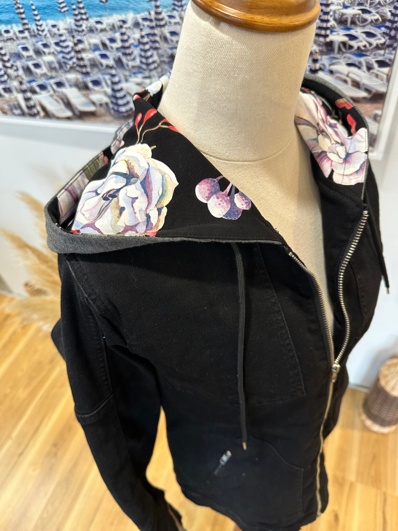 ETC - Denim Jacket - Size Small - Black w floral feature