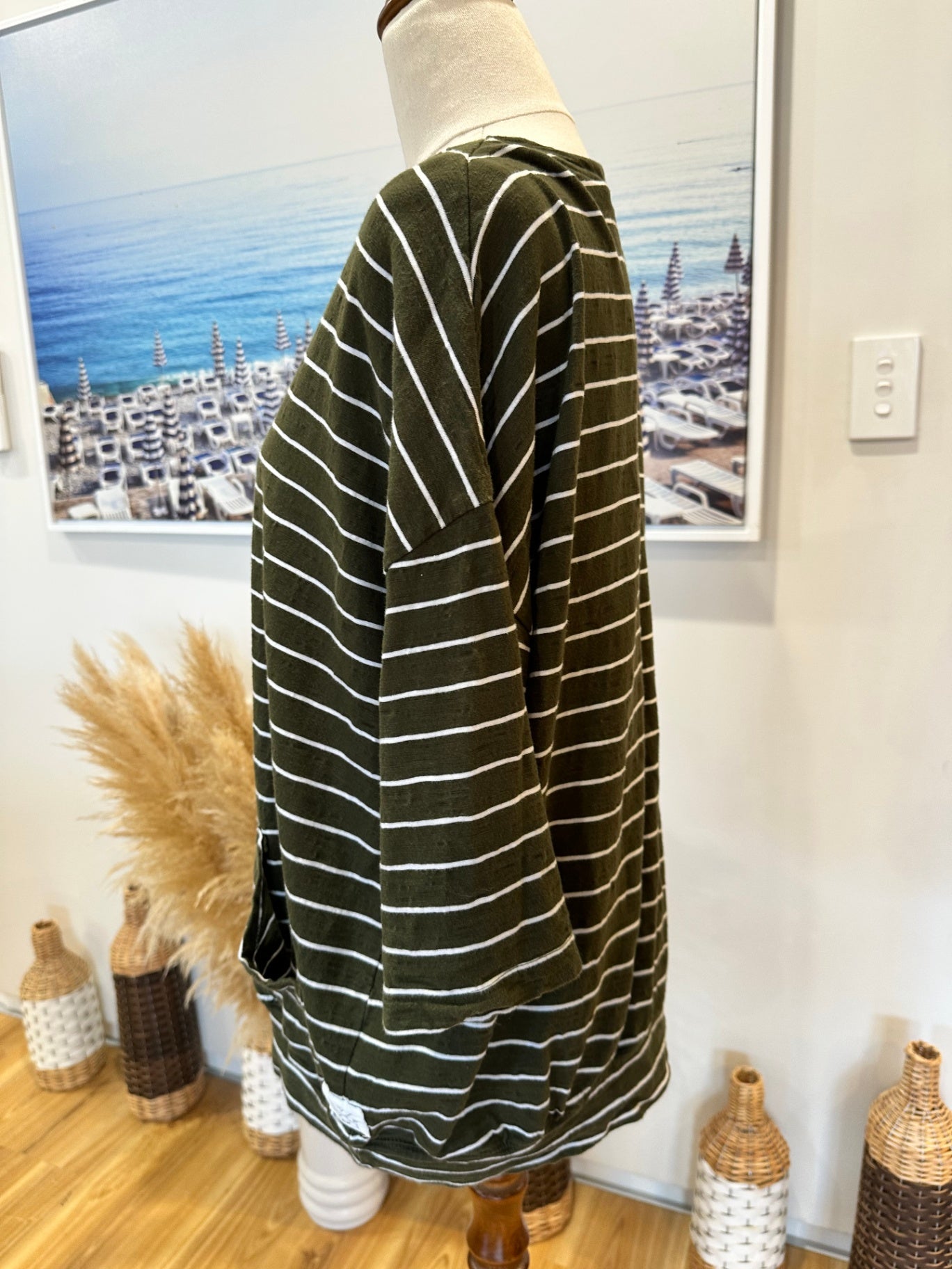 Elm Living - T-Shirt - Size 8 - Olive Green with White Stripes