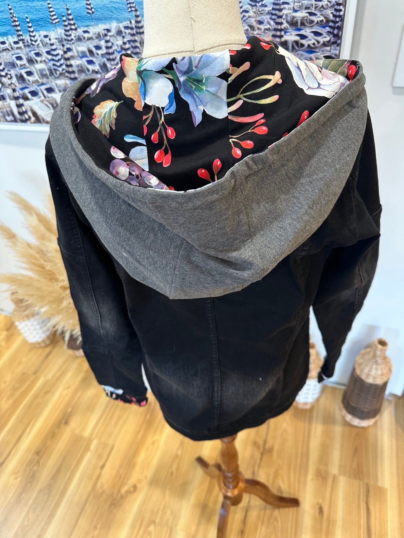 ETC - Denim Jacket - Size Small - Black w floral feature