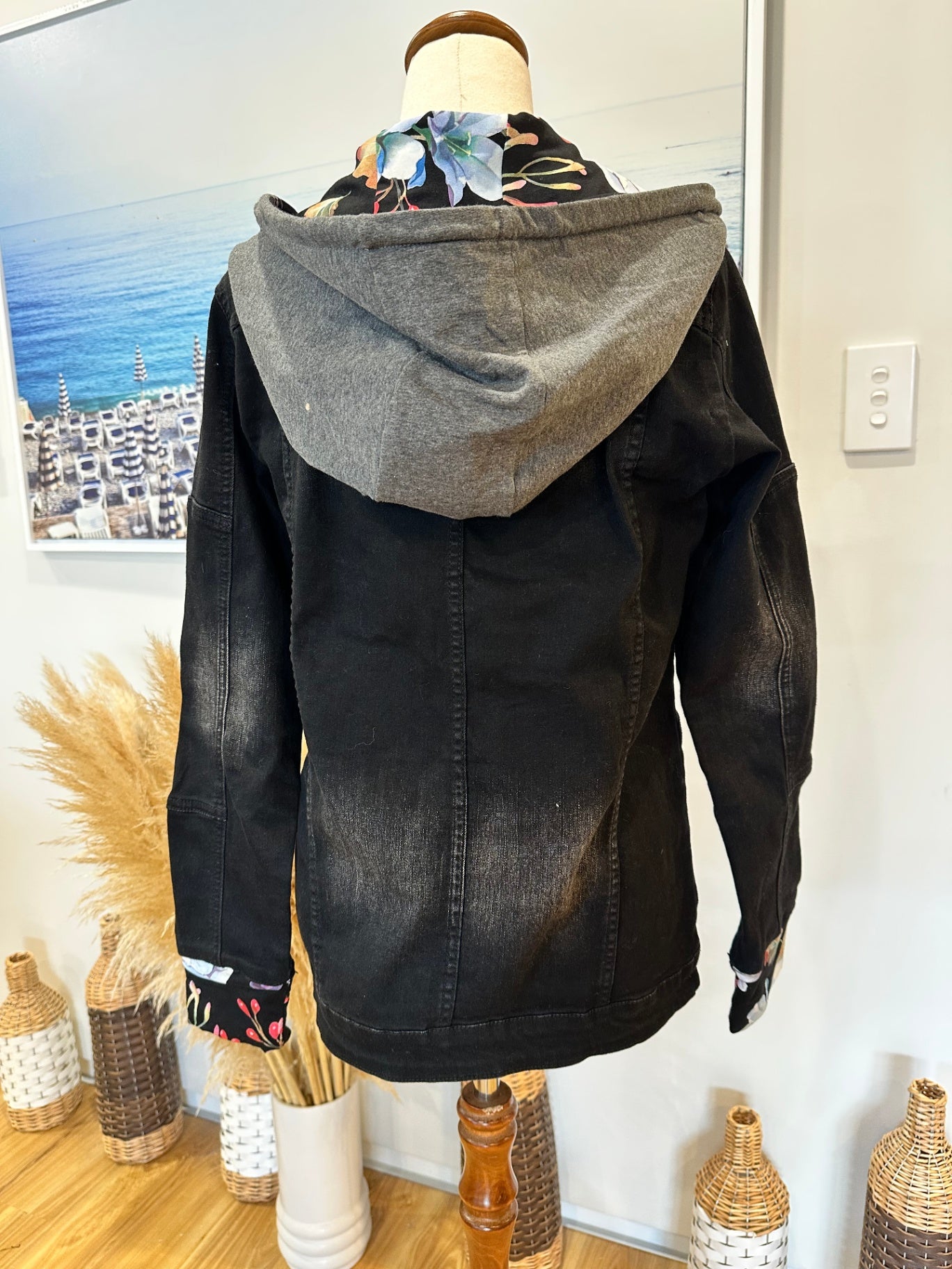 ETC - Denim Jacket - Size Small - Black w floral feature