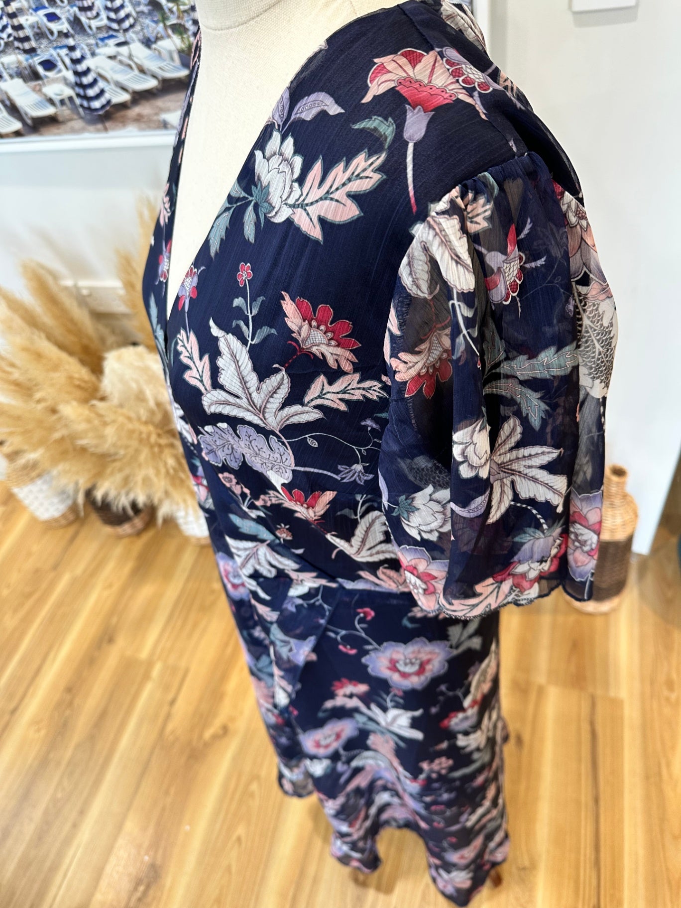 Atmos & Here - Dress - Size 16 - NEW - Navy blue with floral pattern in shades of pink, gray, and white