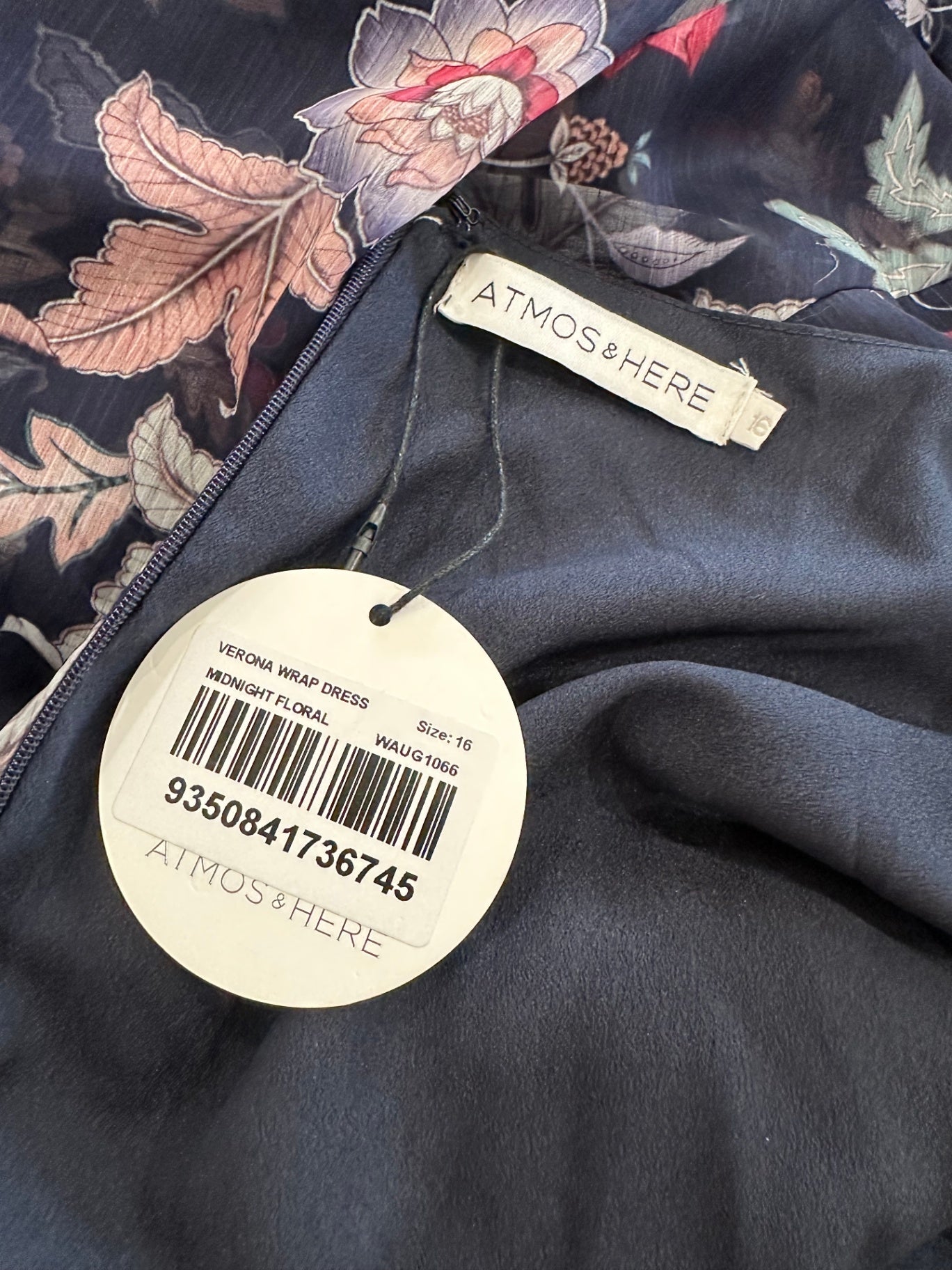 Atmos & Here - Dress - Size 16 - NEW - Navy blue with floral pattern in shades of pink, gray, and white