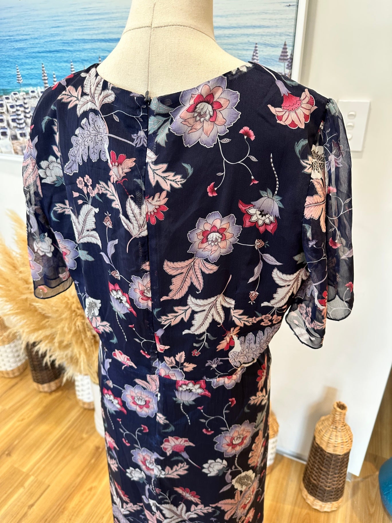 Atmos & Here - Dress - Size 16 - NEW - Navy blue with floral pattern in shades of pink, gray, and white