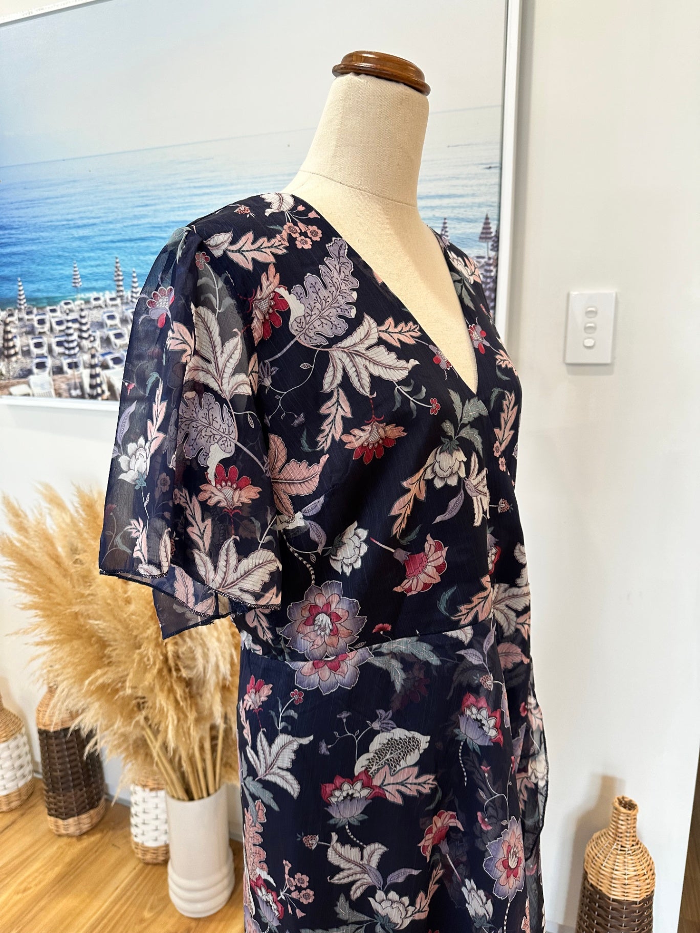 Atmos & Here - Dress - Size 16 - NEW - Navy blue with floral pattern in shades of pink, gray, and white