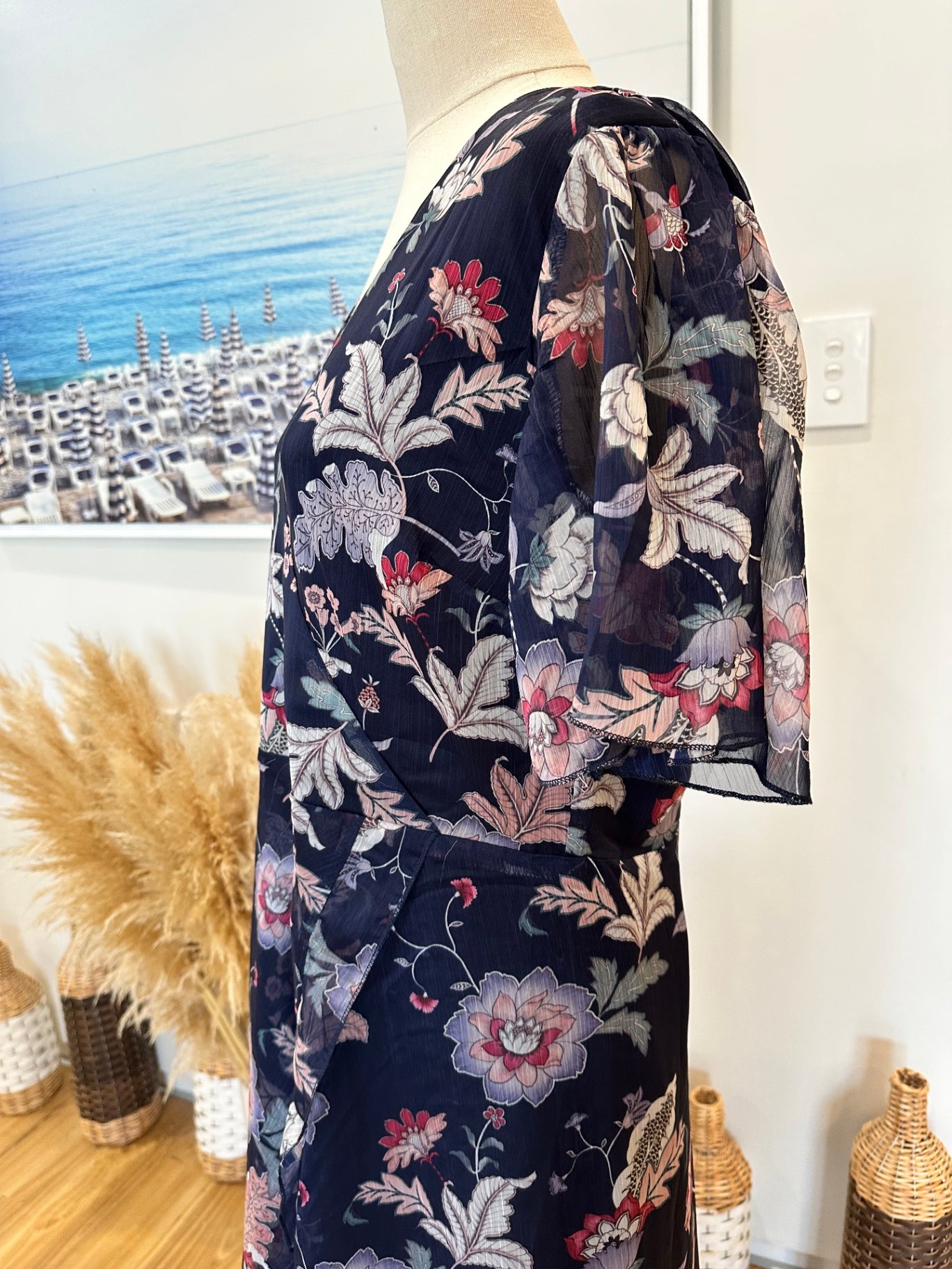 Atmos & Here - Dress - Size 16 - NEW - Navy blue with floral pattern in shades of pink, gray, and white