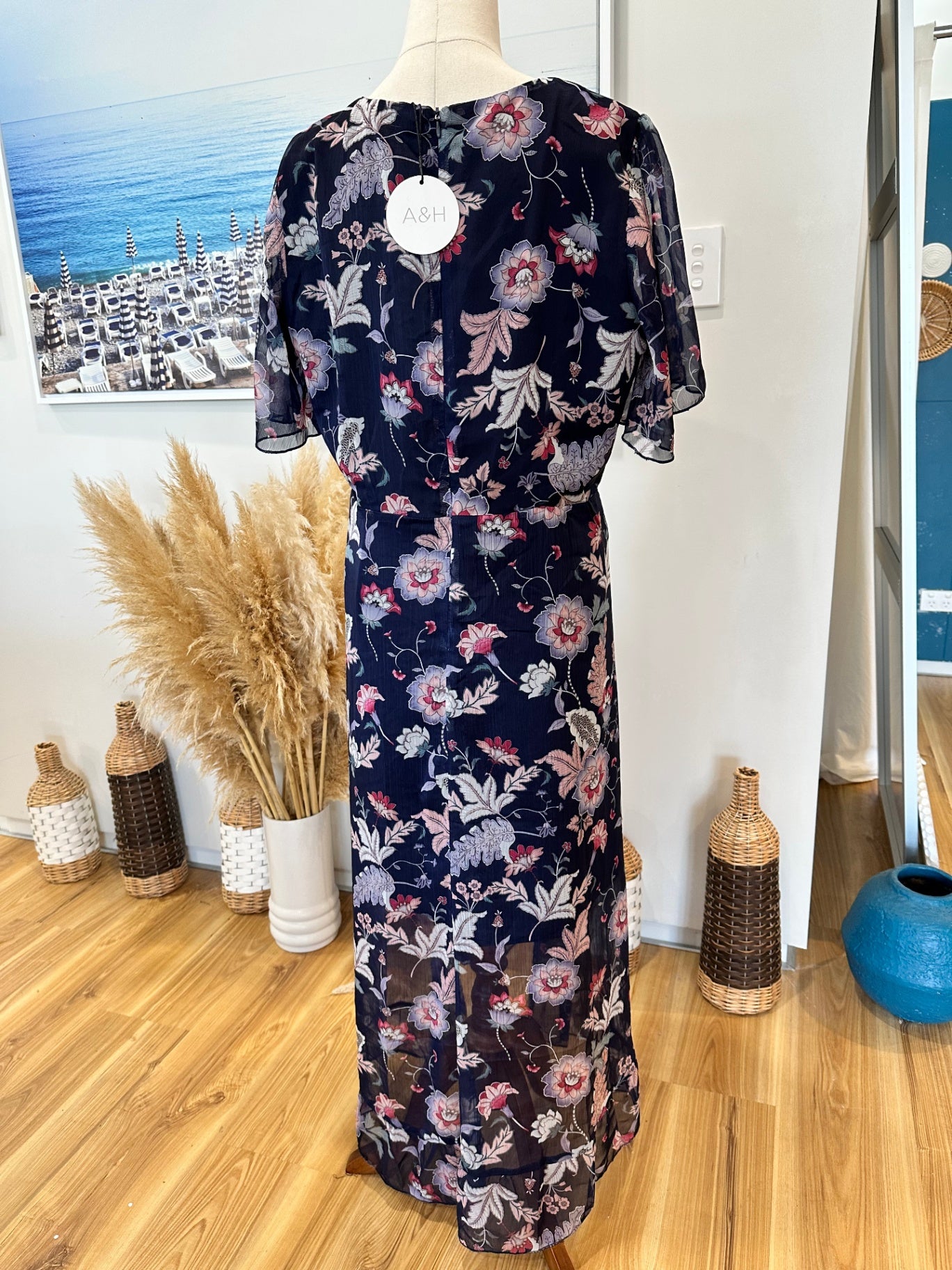 Atmos & Here - Dress - Size 16 - NEW - Navy blue with floral pattern in shades of pink, gray, and white