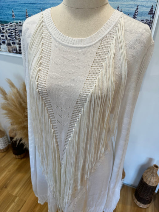Long Lost - Textured Bohemian Jumper - Size 12 - Cream