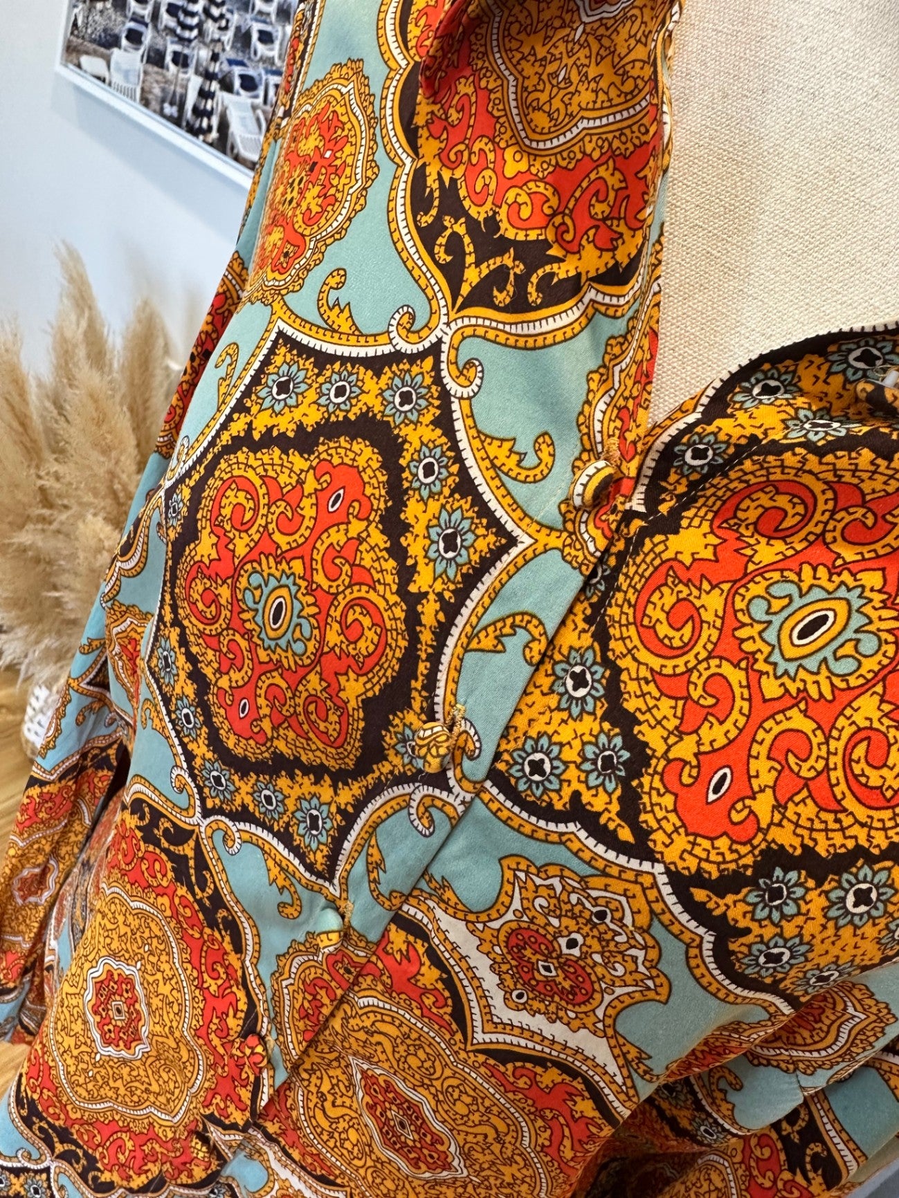 Charlie Brown - Blouse - Size 12 - Aqua & Orange Paisley Print - Silk + Spandex