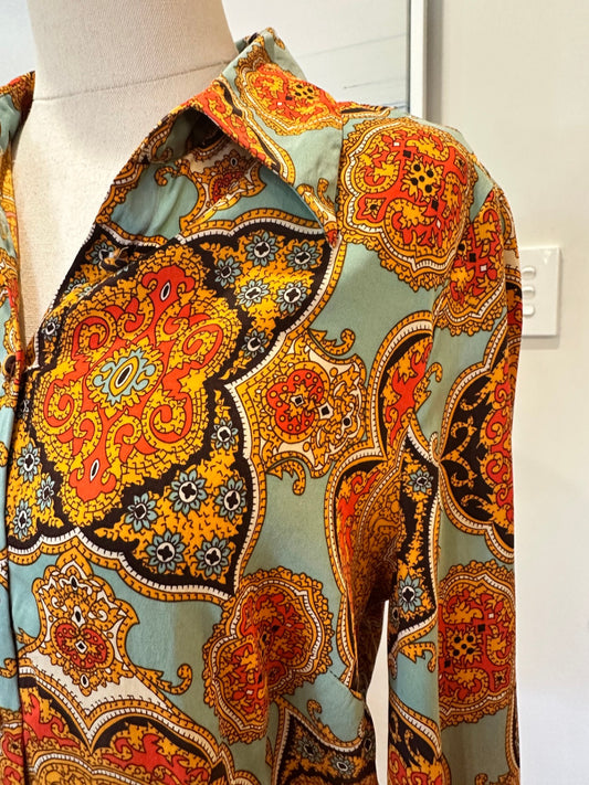 Charlie Brown - Blouse - Size 12 - Aqua & Orange Paisley Print - Silk + Spandex