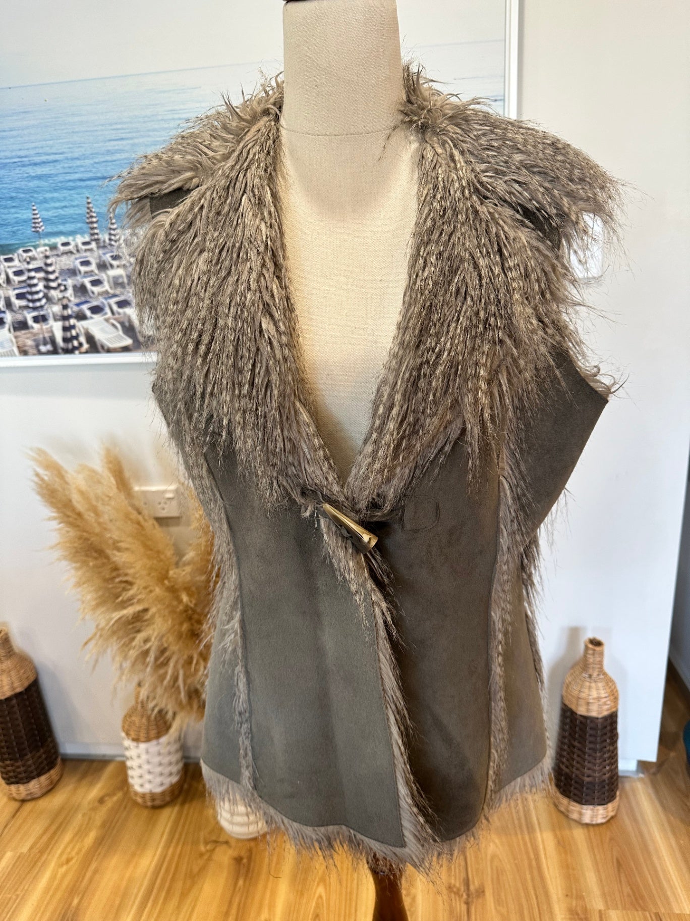 Faux Fur / Suede Bohemian Vest - Large - Grey / Brown
