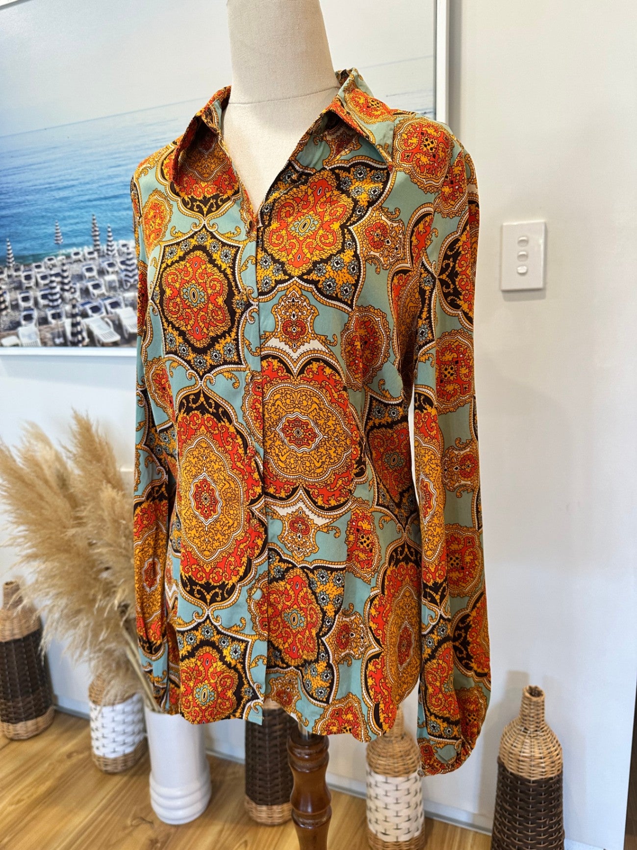 Charlie Brown - Blouse - Size 12 - Aqua & Orange Paisley Print - Silk + Spandex