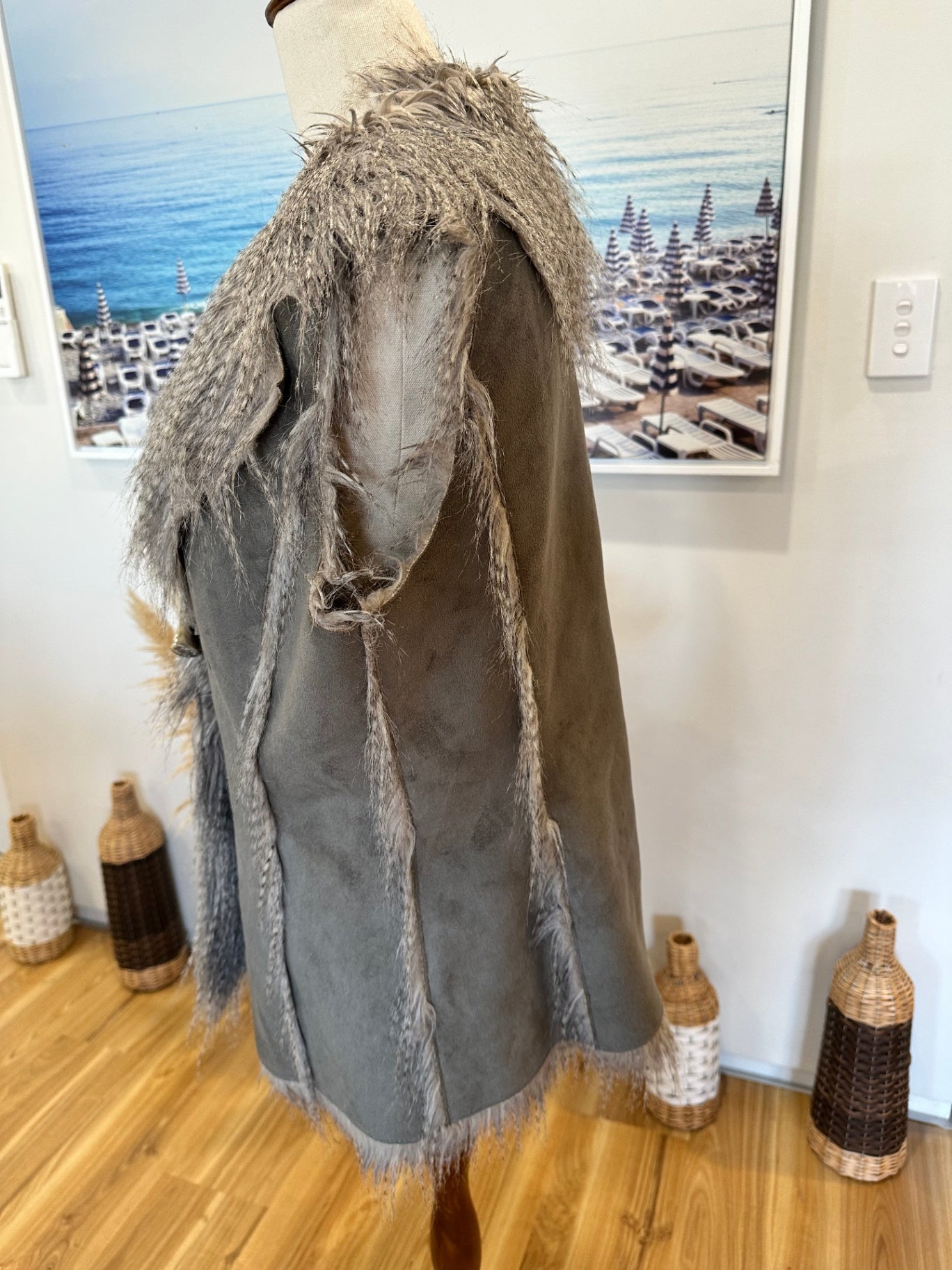 Faux Fur / Suede Bohemian Vest - Large - Grey / Brown