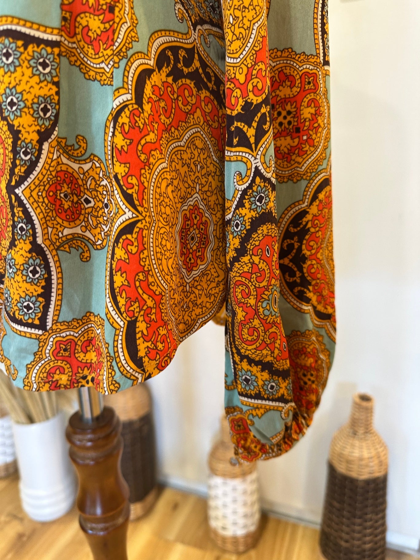 Charlie Brown - Blouse - Size 12 - Aqua & Orange Paisley Print - Silk + Spandex