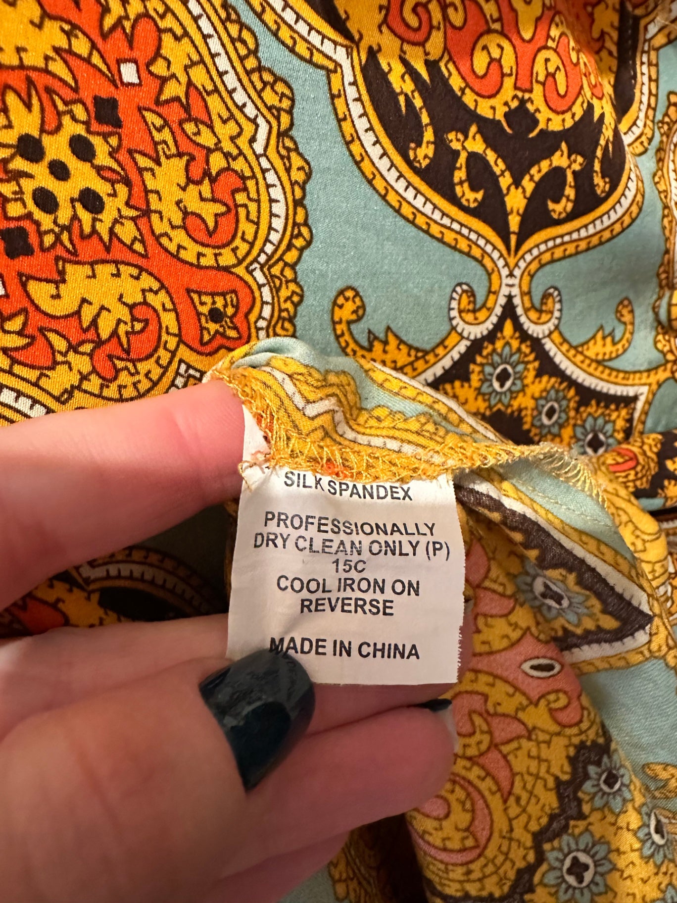 Charlie Brown - Blouse - Size 12 - Aqua & Orange Paisley Print - Silk + Spandex