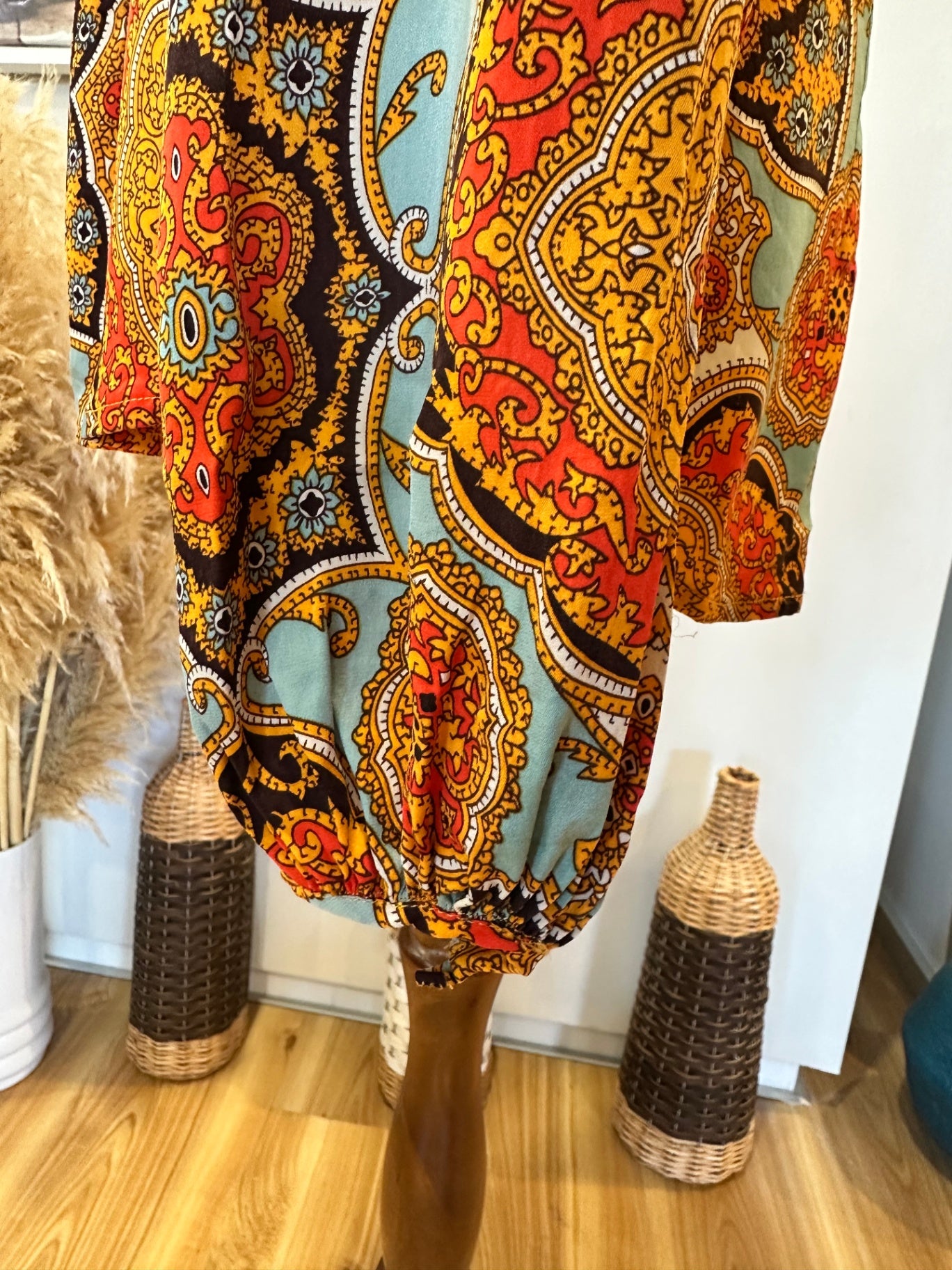 Charlie Brown - Blouse - Size 12 - Aqua & Orange Paisley Print - Silk + Spandex