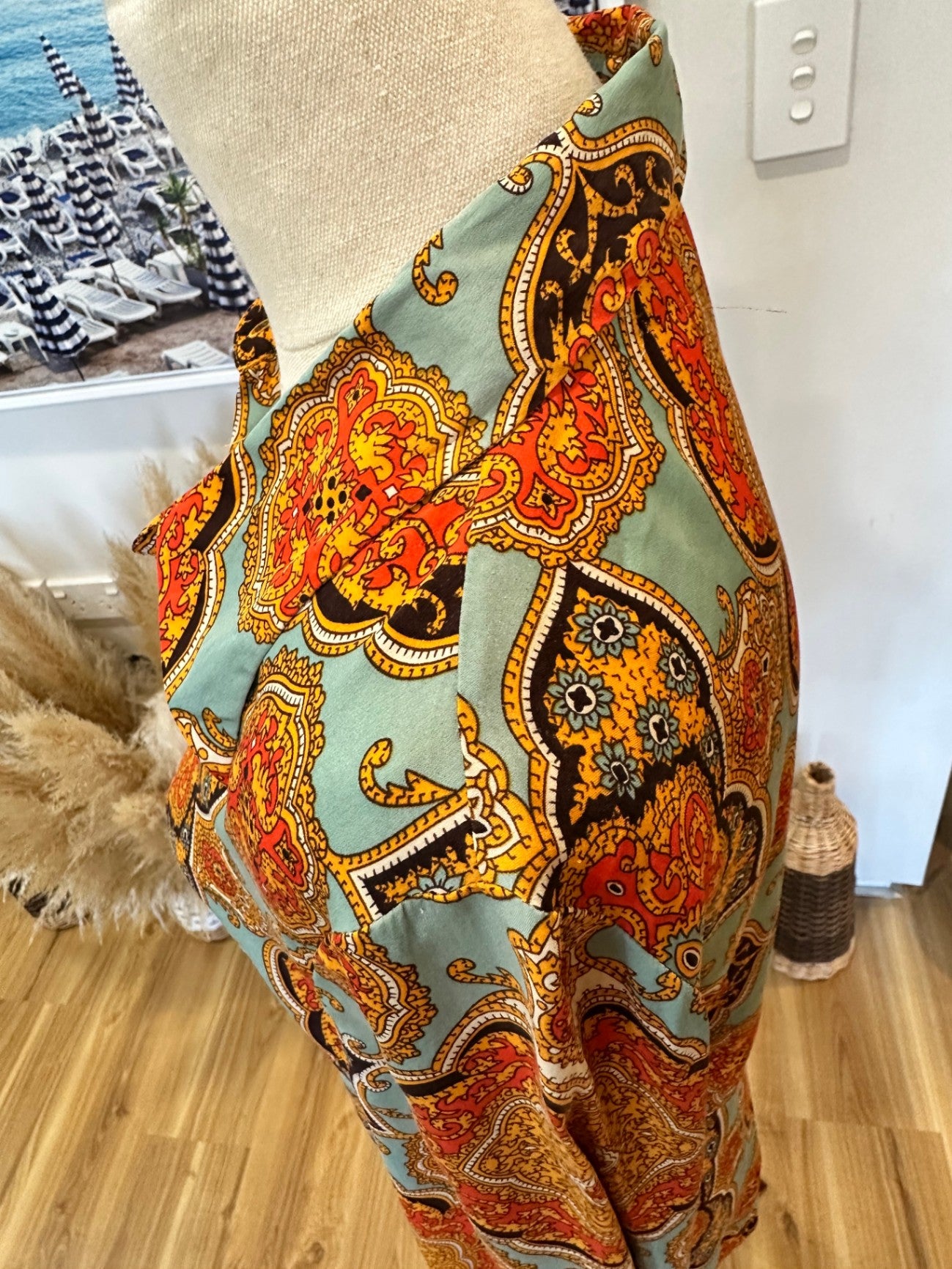 Charlie Brown - Blouse - Size 12 - Aqua & Orange Paisley Print - Silk + Spandex