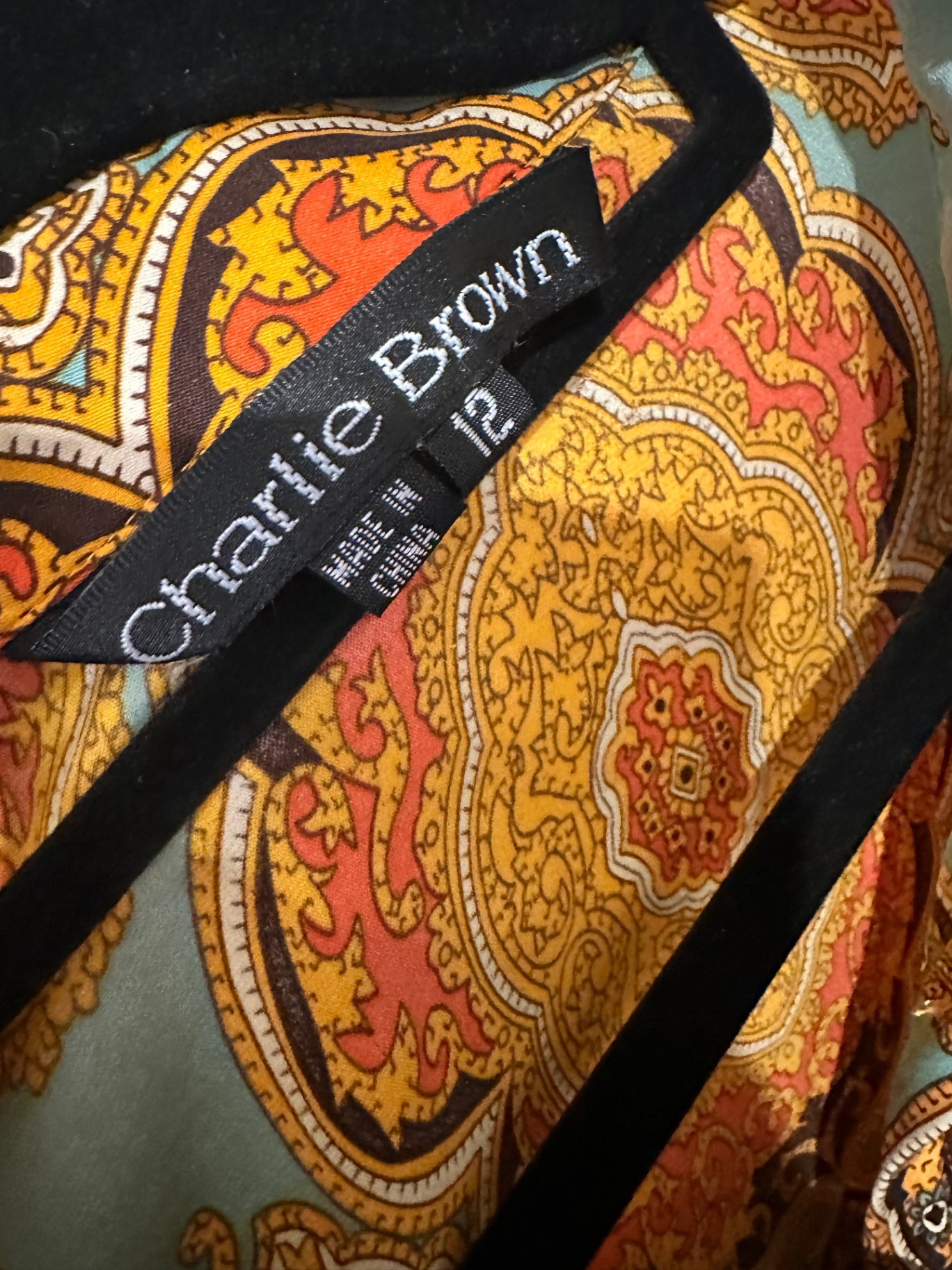 Charlie Brown - Blouse - Size 12 - Aqua & Orange Paisley Print - Silk + Spandex