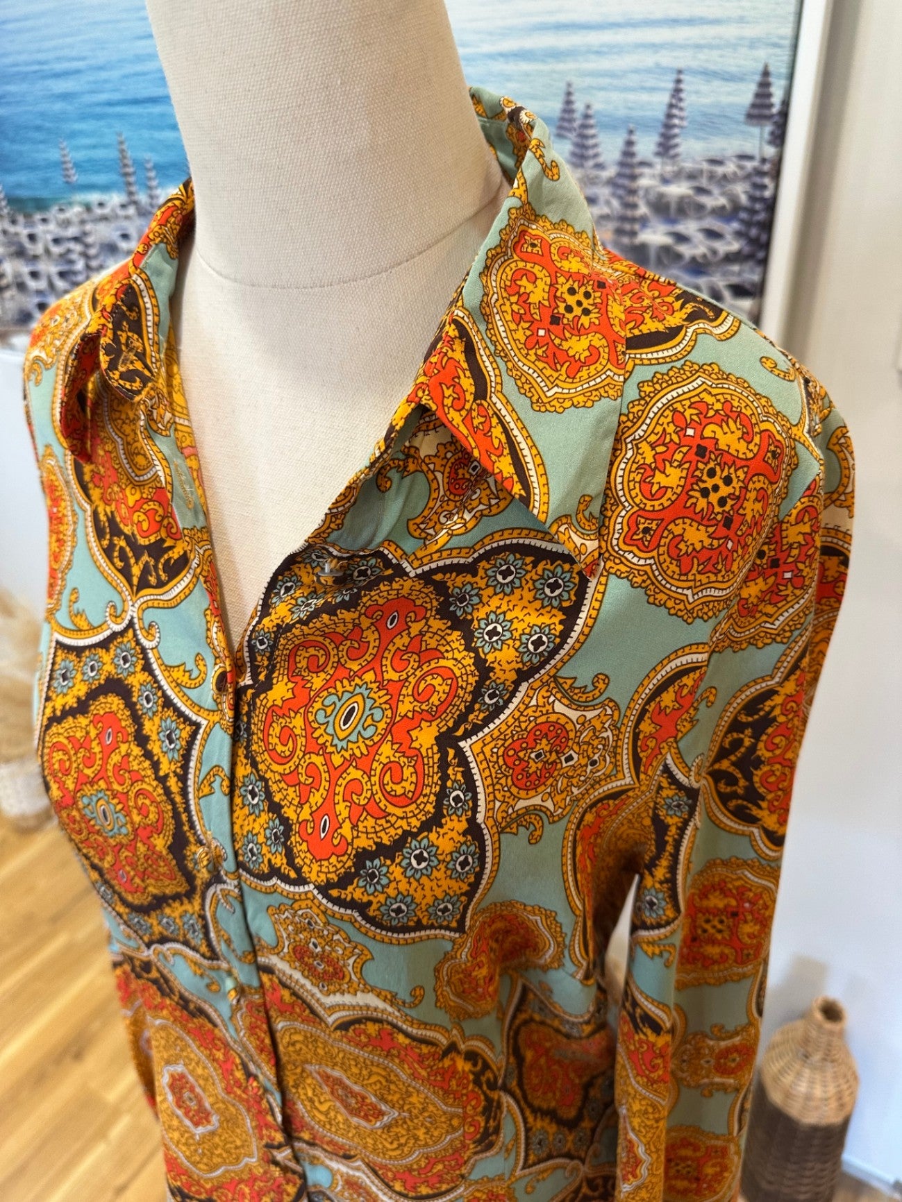 Charlie Brown - Blouse - Size 12 - Aqua & Orange Paisley Print - Silk + Spandex
