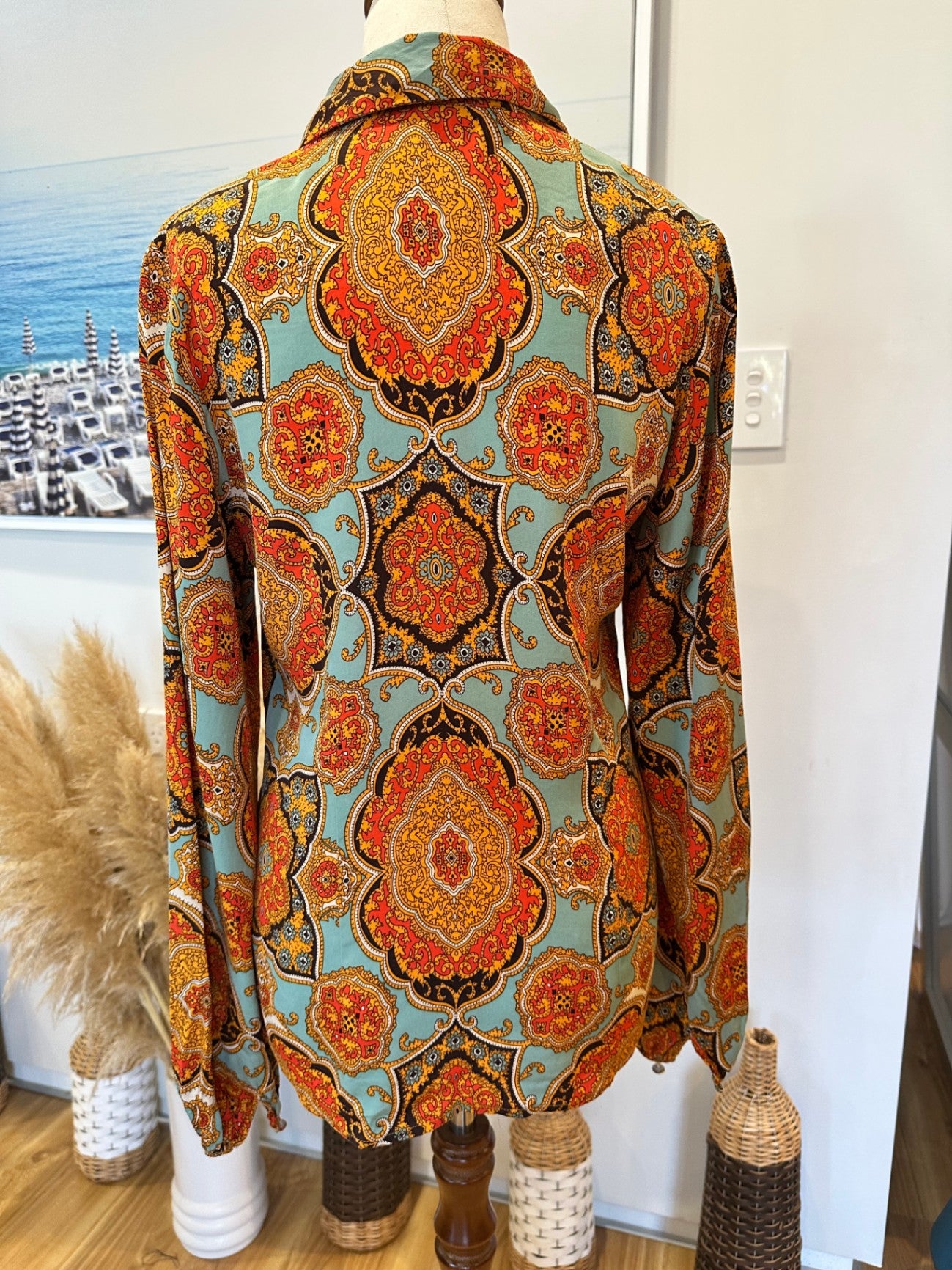Charlie Brown - Blouse - Size 12 - Aqua & Orange Paisley Print - Silk + Spandex