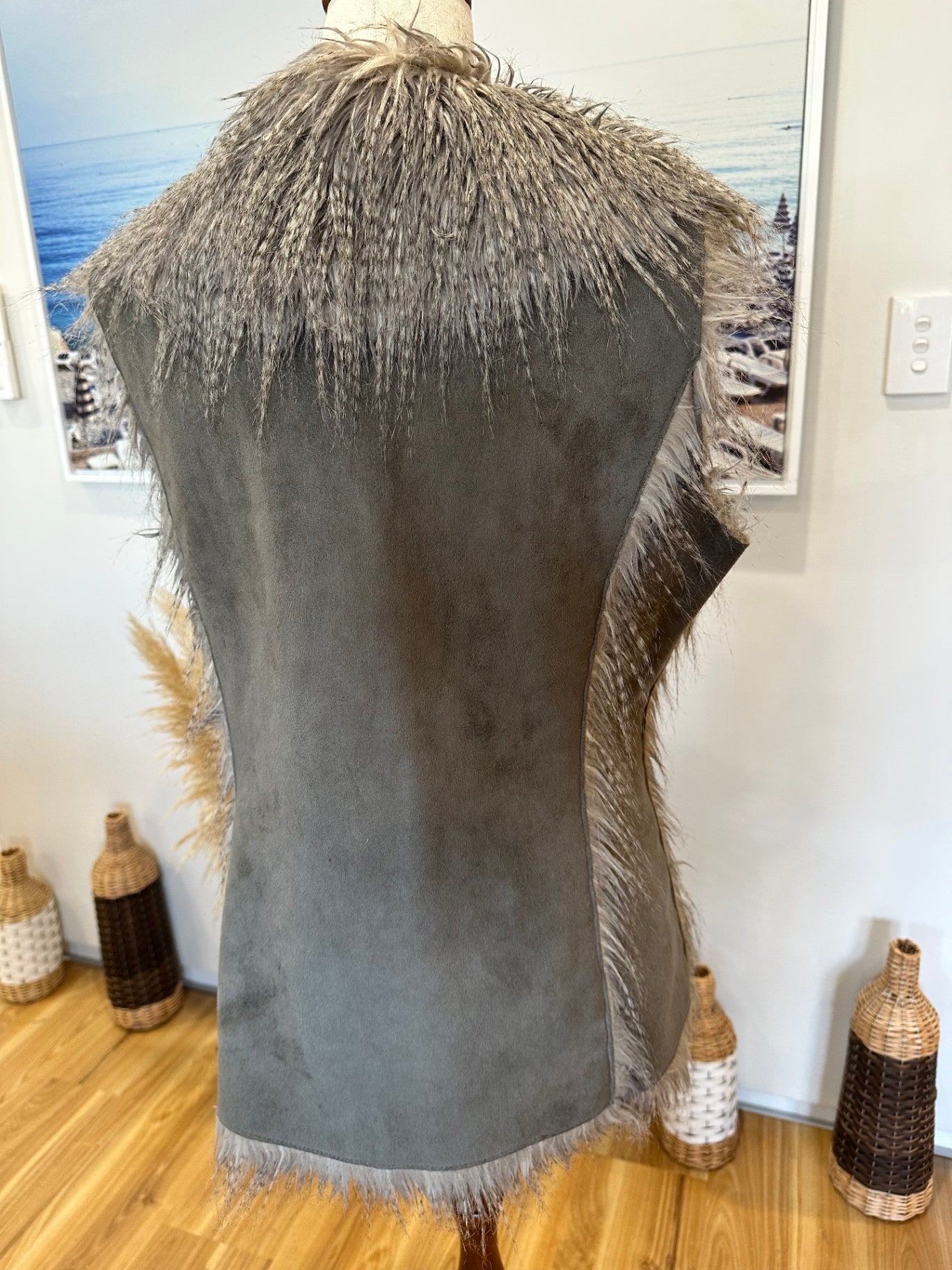 Faux Fur / Suede Bohemian Vest - Large - Grey / Brown
