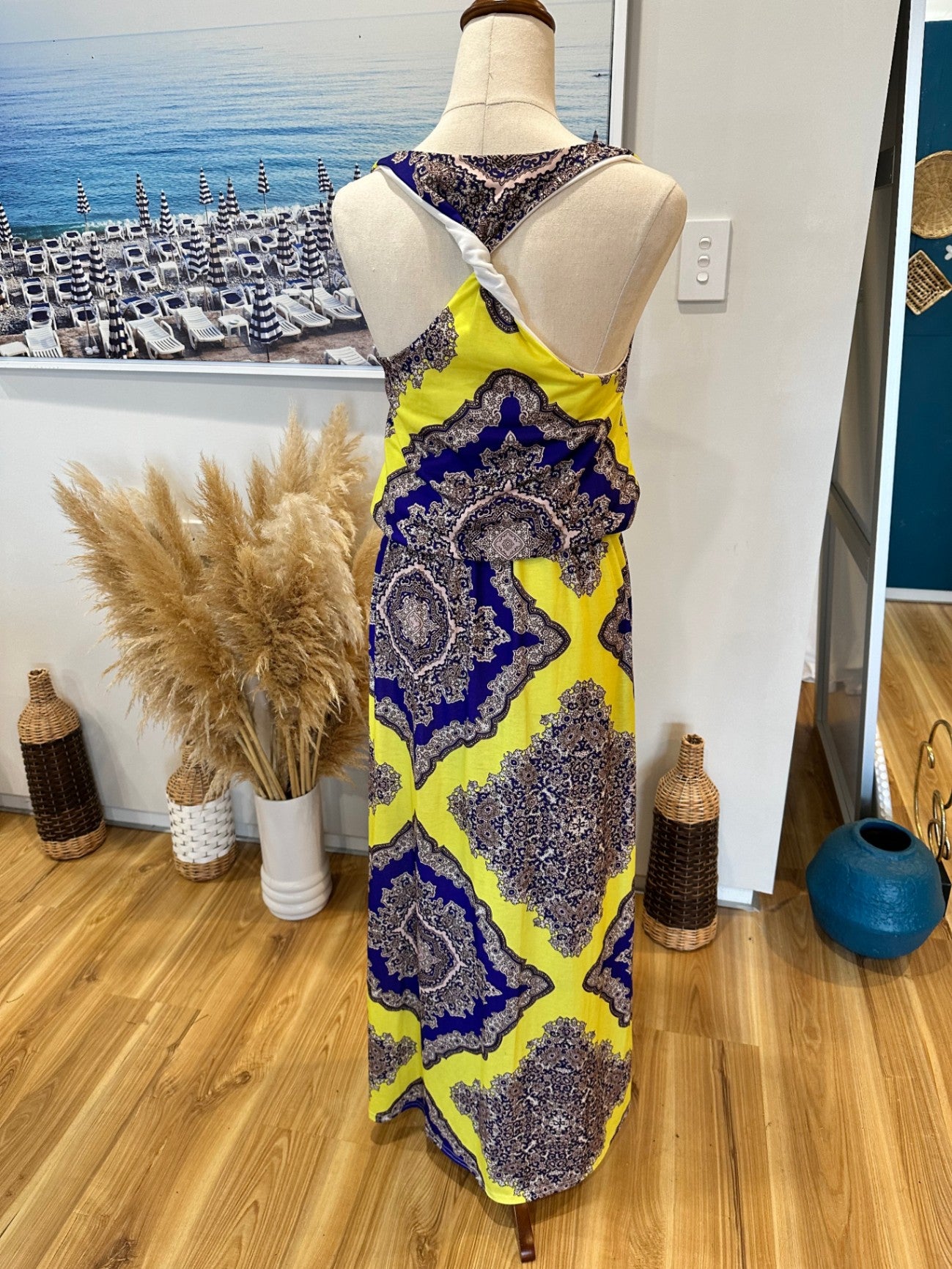 Boohoo - Maxi Dress - Size 10 - Yellow and Blue w Paisley Print