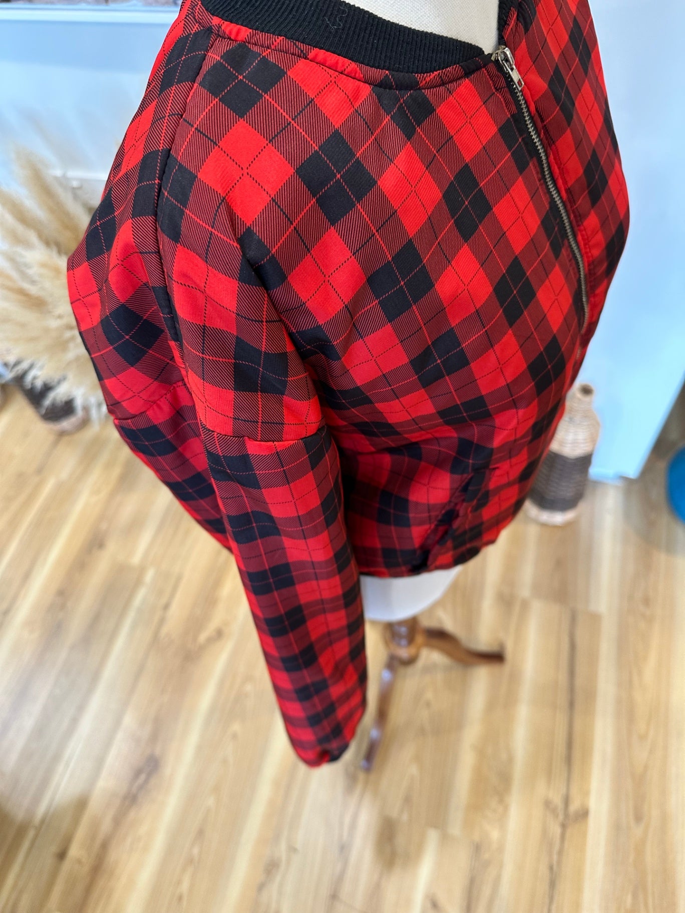 Bomber Jacket - Red + Black Gingham - Size 8
