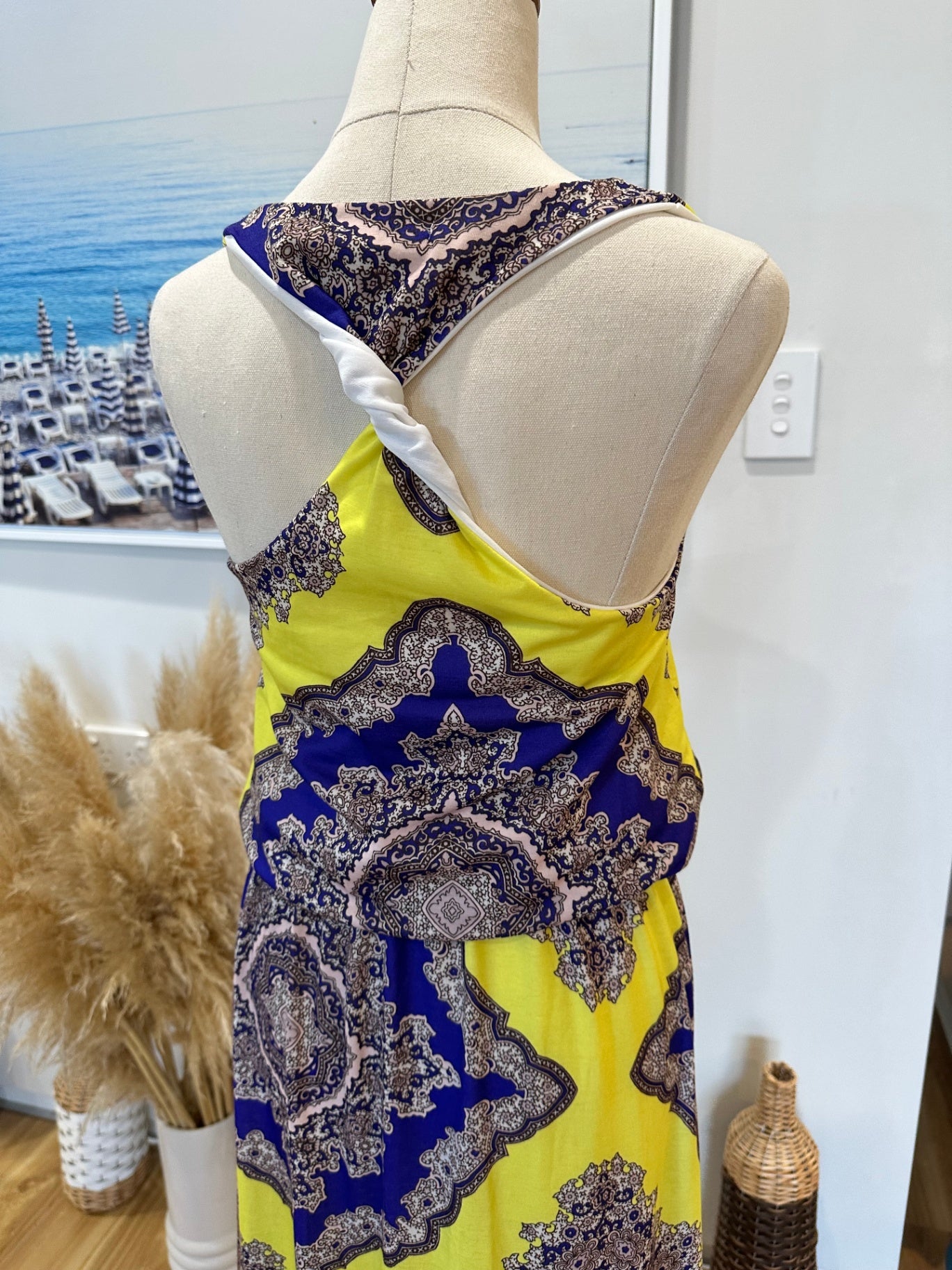Boohoo - Maxi Dress - Size 10 - Yellow and Blue w Paisley Print