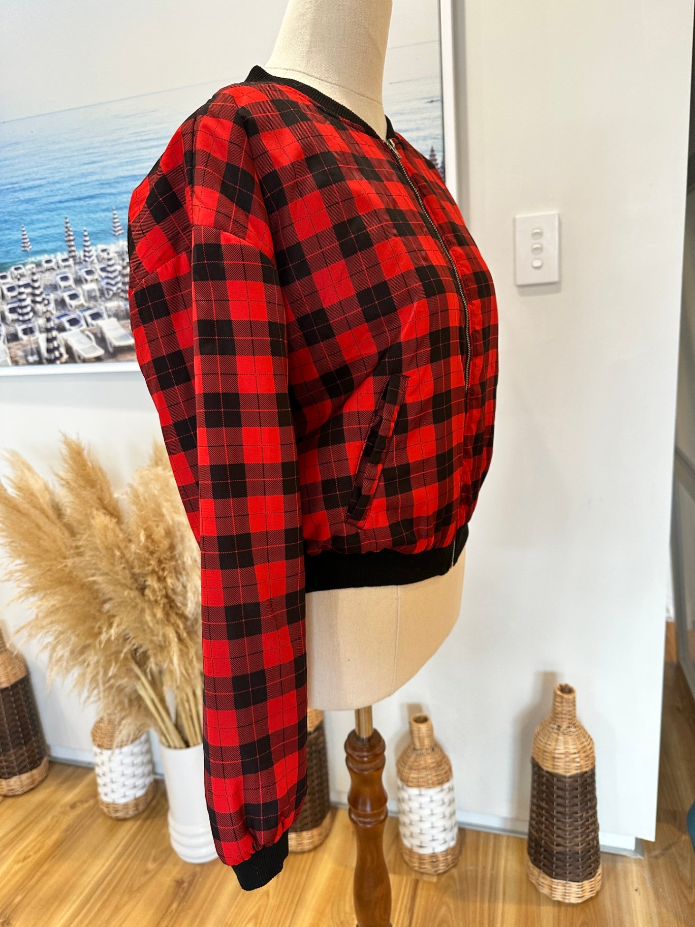 Bomber Jacket - Red + Black Gingham - Size 8