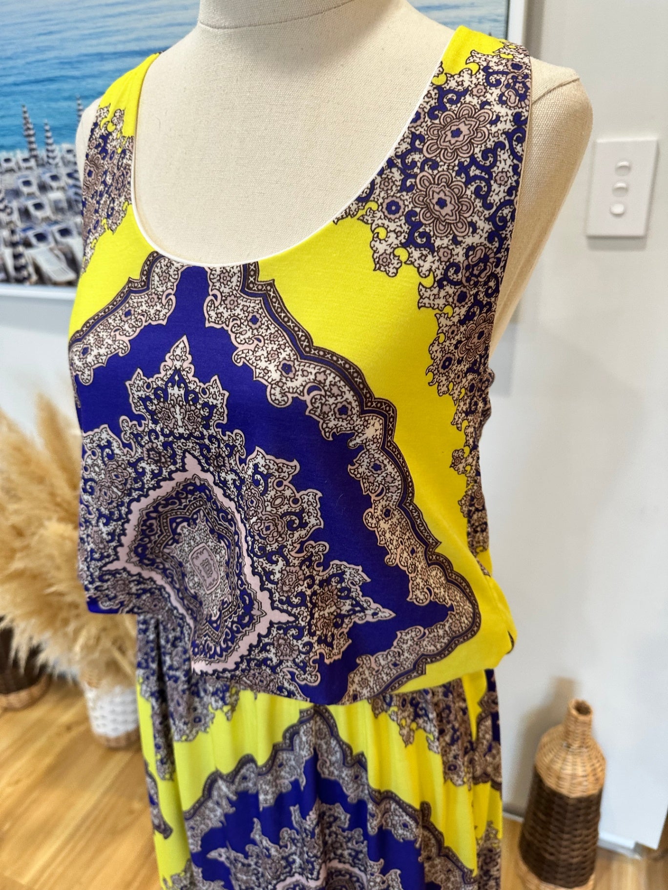 Boohoo - Maxi Dress - Size 10 - Yellow and Blue w Paisley Print