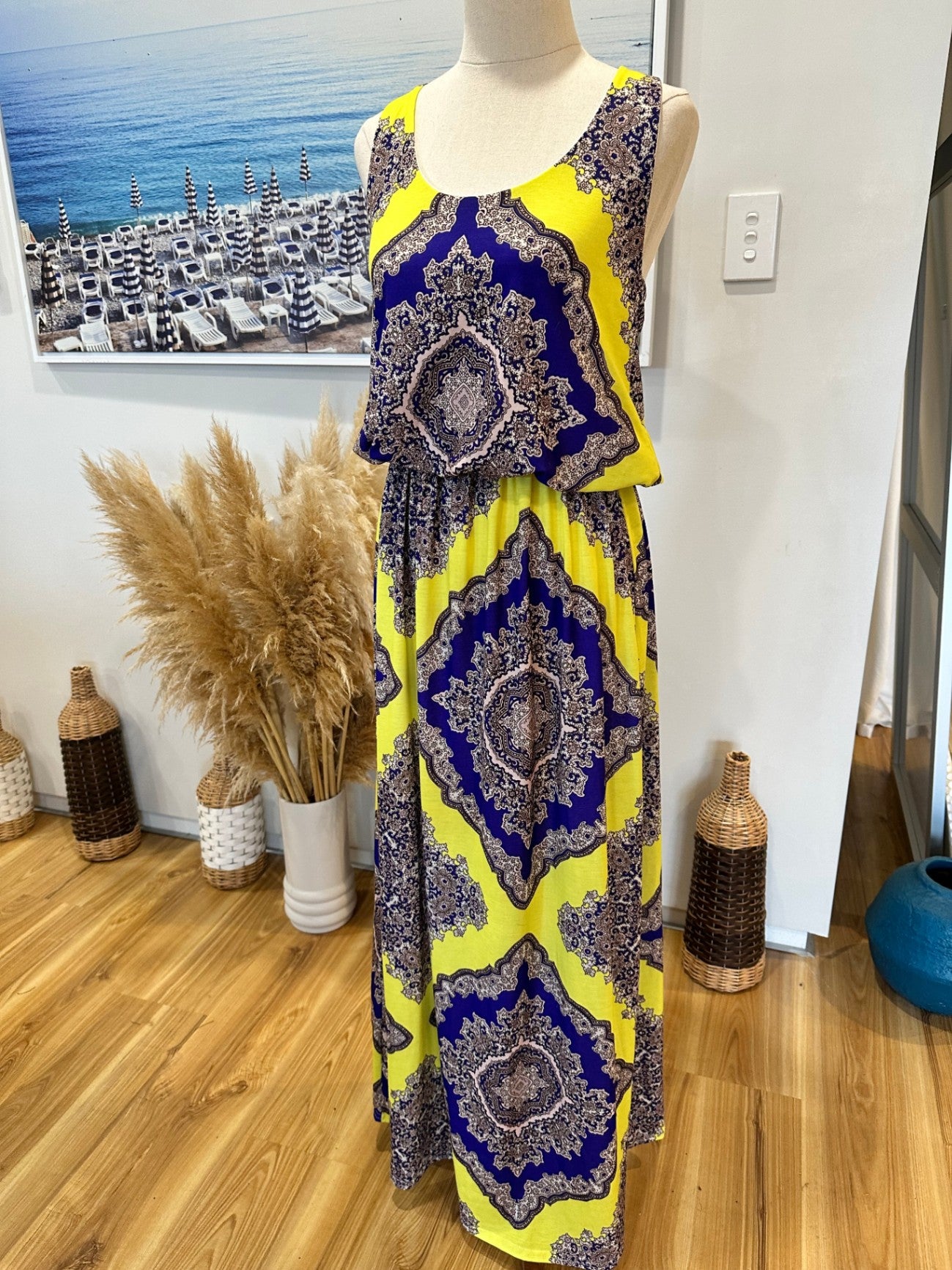 Boohoo - Maxi Dress - Size 10 - Yellow and Blue w Paisley Print