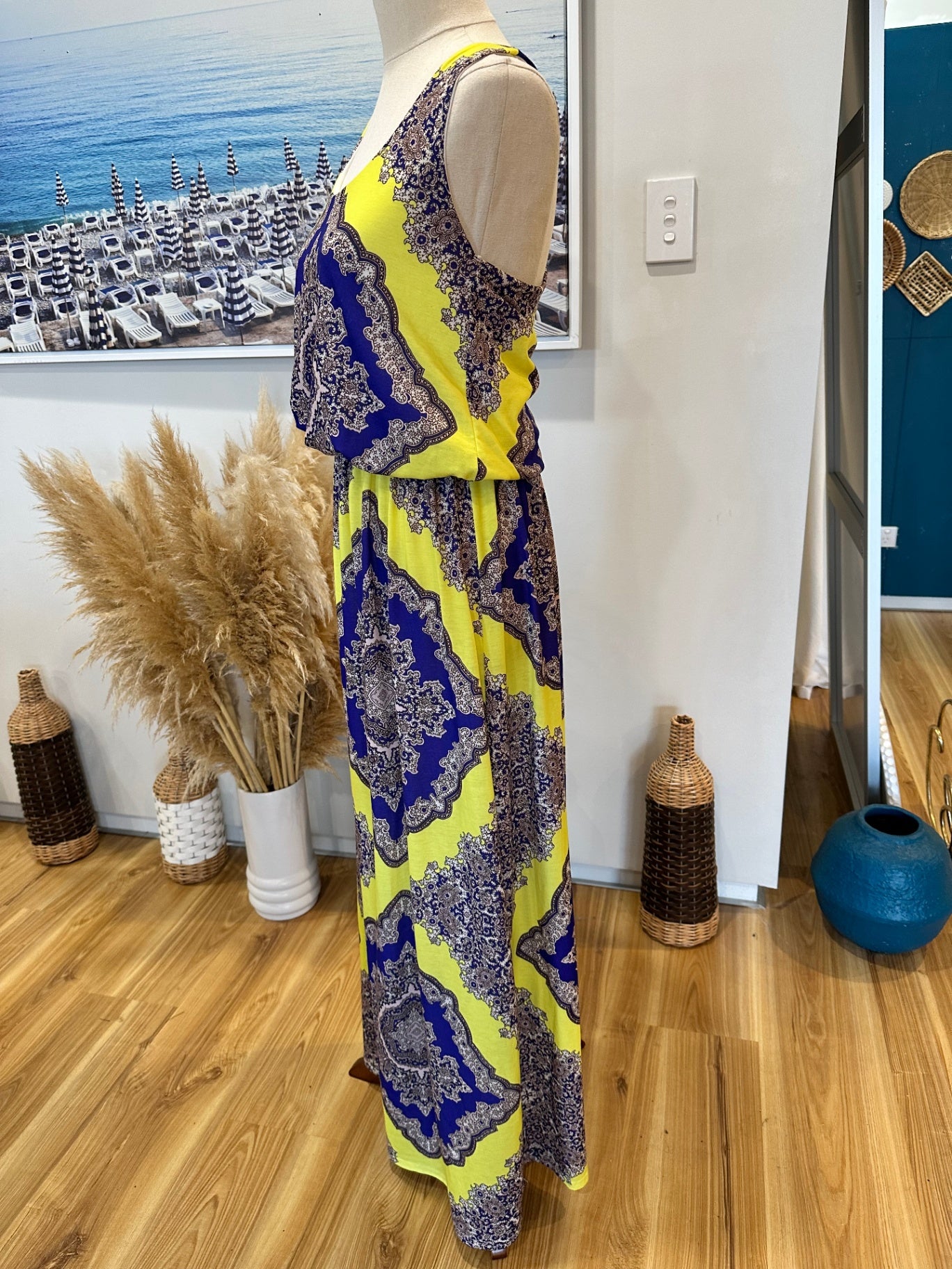 Boohoo - Maxi Dress - Size 10 - Yellow and Blue w Paisley Print
